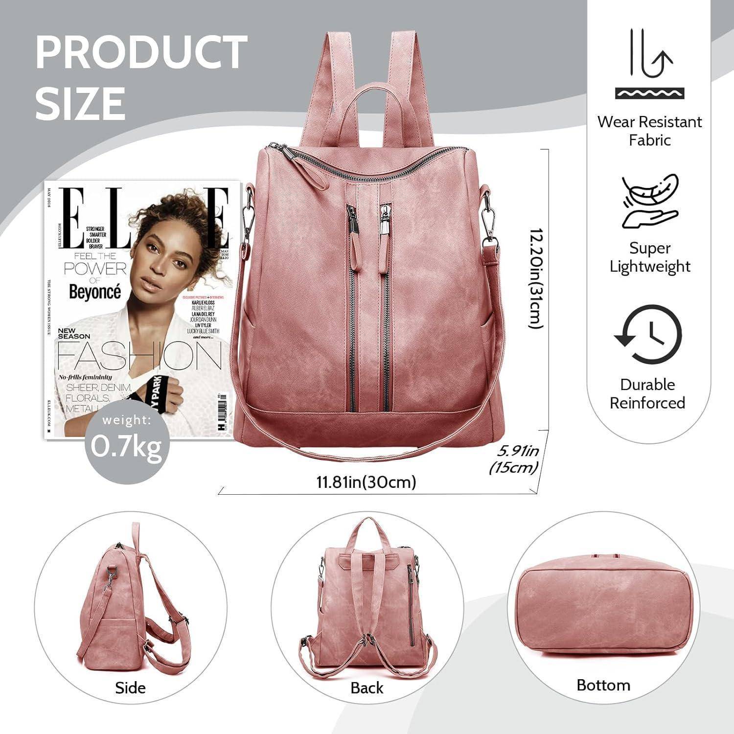 Pinker Rucksack mit Abmessungen: 12,20 Zoll (31 cm) Höhe, 11,81 Zoll (30 cm) Breite, 5,91 Zoll (15 cm) Tiefe. Merkmale umfassen abriebfeste Stoffqualität, leichtes Gewicht und robuste Verstärkung.