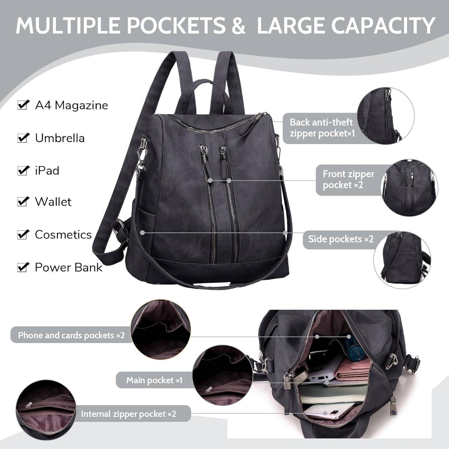 Rucksack Damen wasserdicht diebstahlsicher leicht PU Leder Schwarz