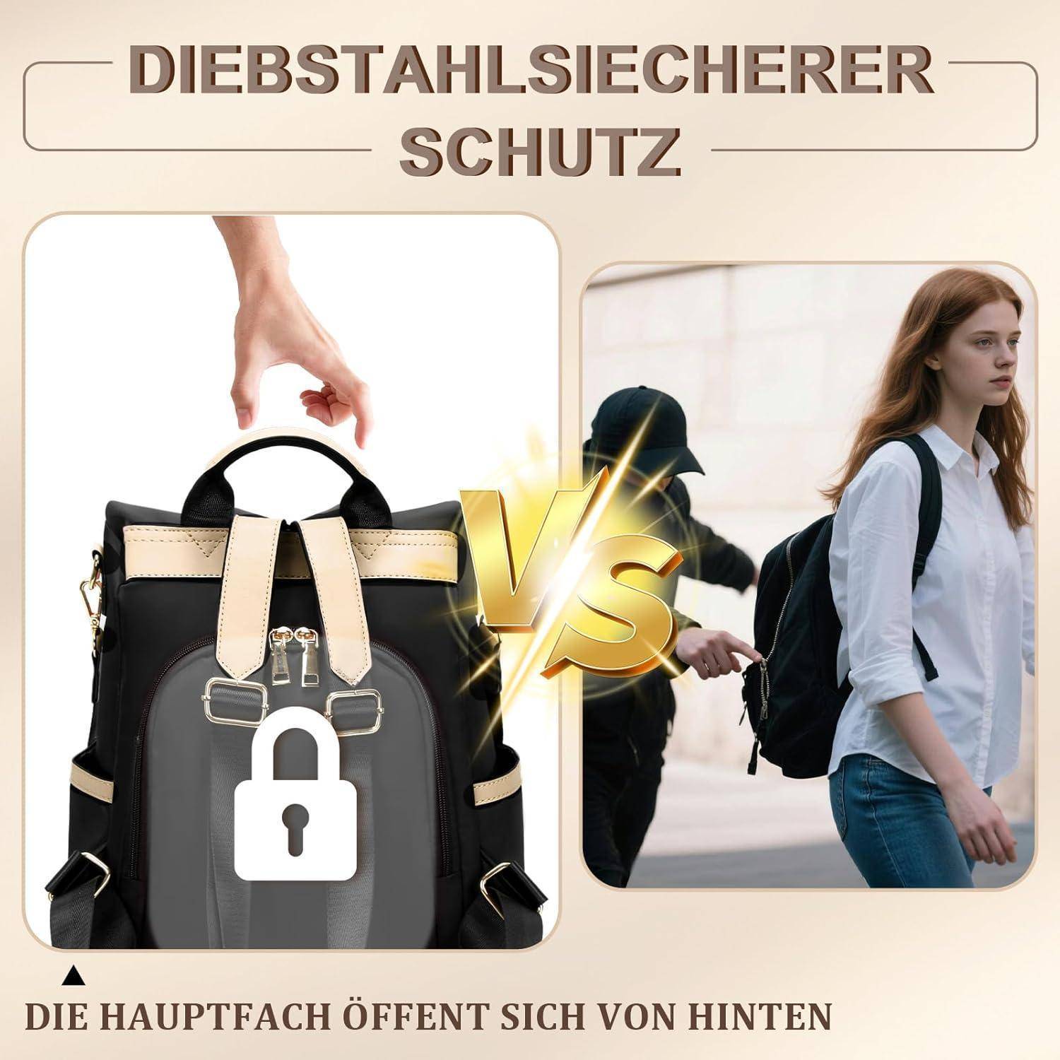 Rucksack Damen diebstahlsicher Cityrucksack PX4 Schwarz mit Hellkhaki