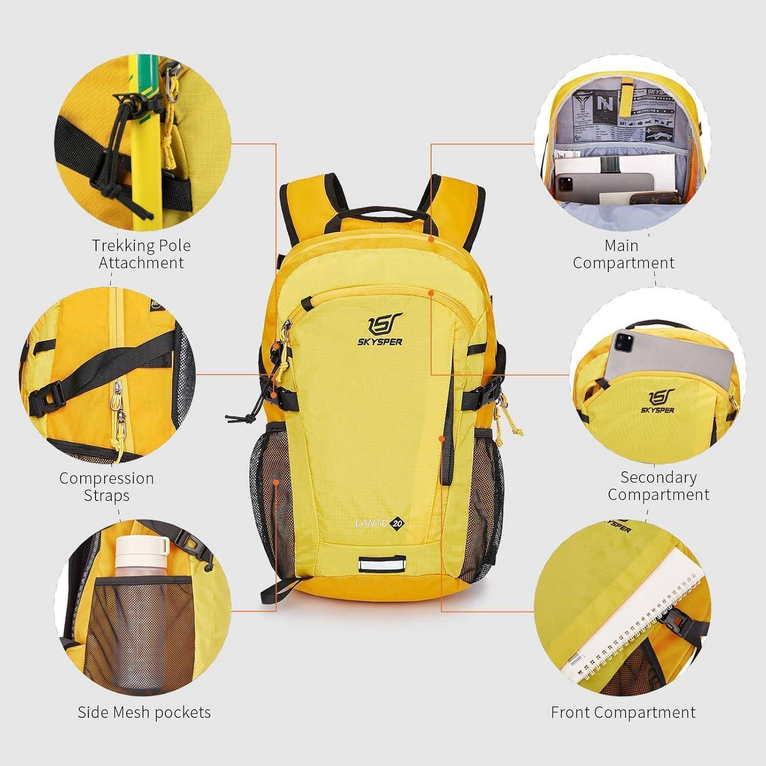 Wanderrucksack Rückenbelüftung Mesh Outdoor Wandern 20Liter Gelb-20l