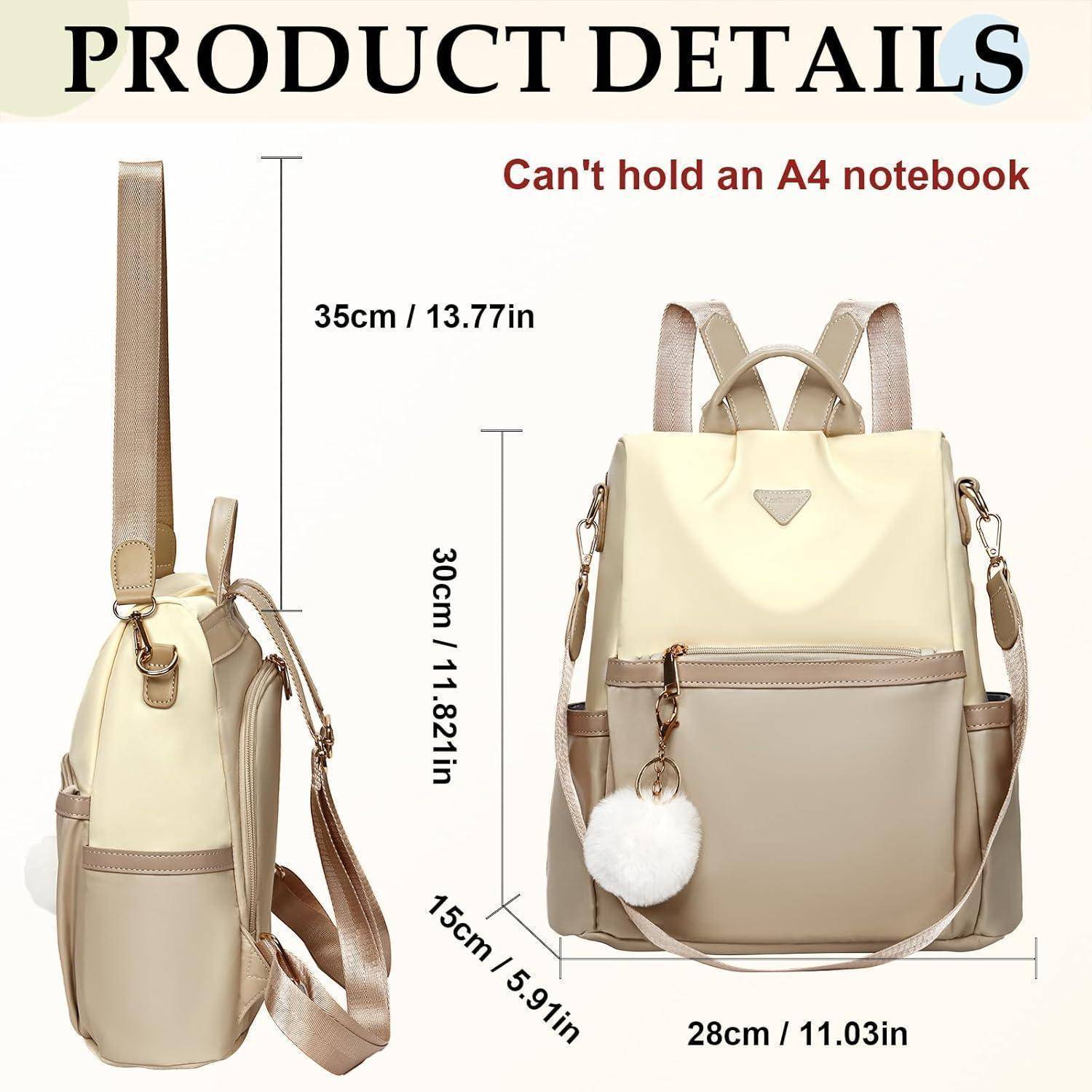 Produktdetails': Ein beige-brauner Rucksack mit Vordertasche und weißer Pompon-Anhängern. Abmessungen: 35 cm x 30 cm x 15 cm. Nicht kompatibel mit DIN-A4-Notizbüchern.