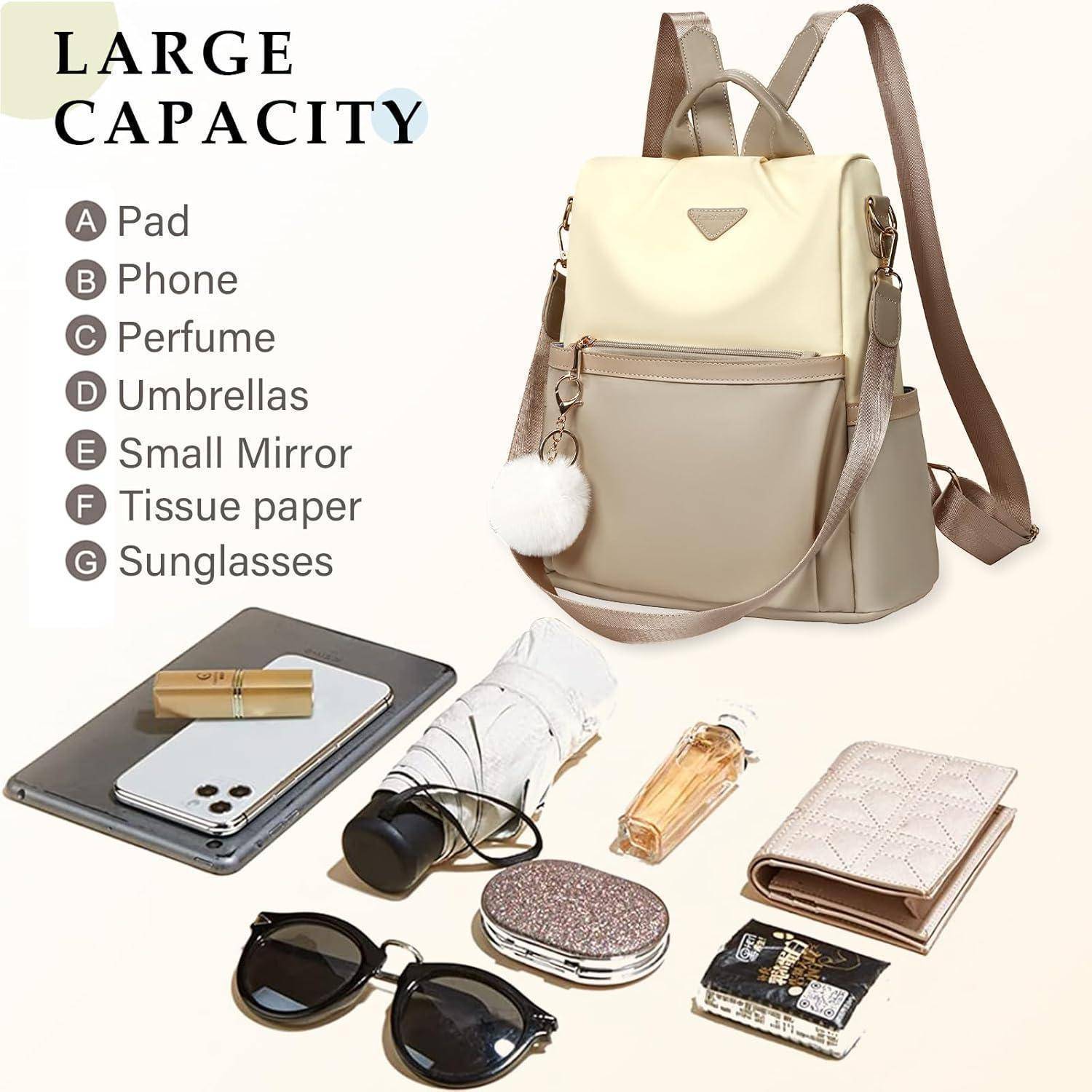 Ein beiger und cremefarbener Rucksack mit der Aufschrift „GROSSES FASSUNGSVERMÖGEN