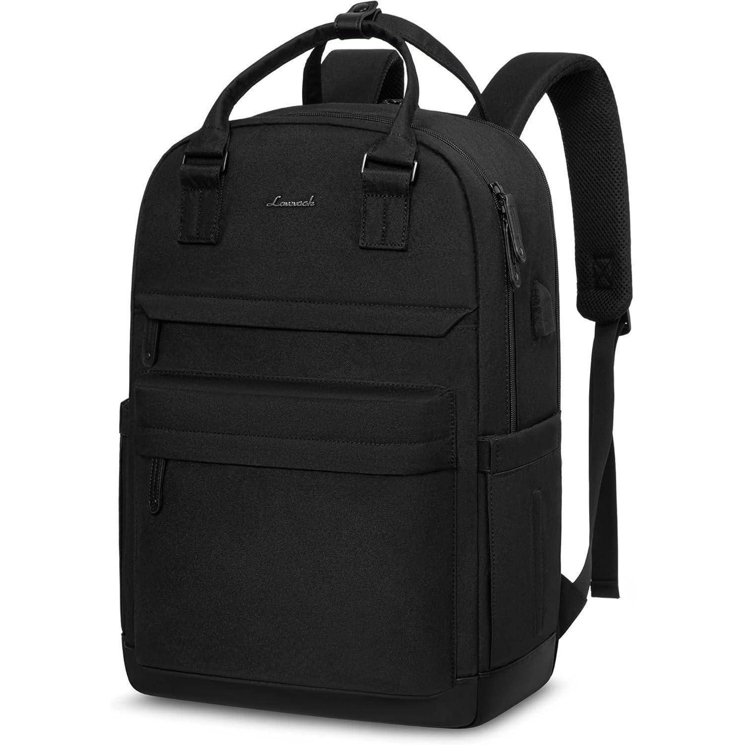 Ein schlanker schwarzer Rucksack mit doppelten gepolsterten Trägern und mehreren Reißverschlüssen für Stauraum. Geeignet für Reisen oder den Schulgebrauch.