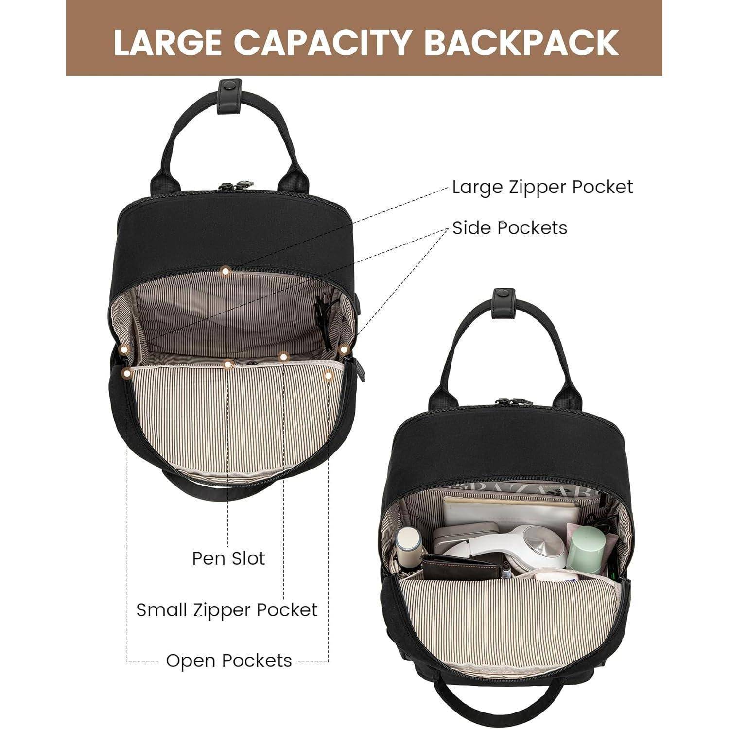 Rucksack geöffnet mit mehreren Fächern mit Beschriftungen: 'Großes Reißverschlussfach', 'Seitentaschen', 'Stiftschlitz', 'Kleines Reißverschlussfach', 'Offene Taschen'. Text darüber liest: 'Rucksack mit großer Kapazität'.