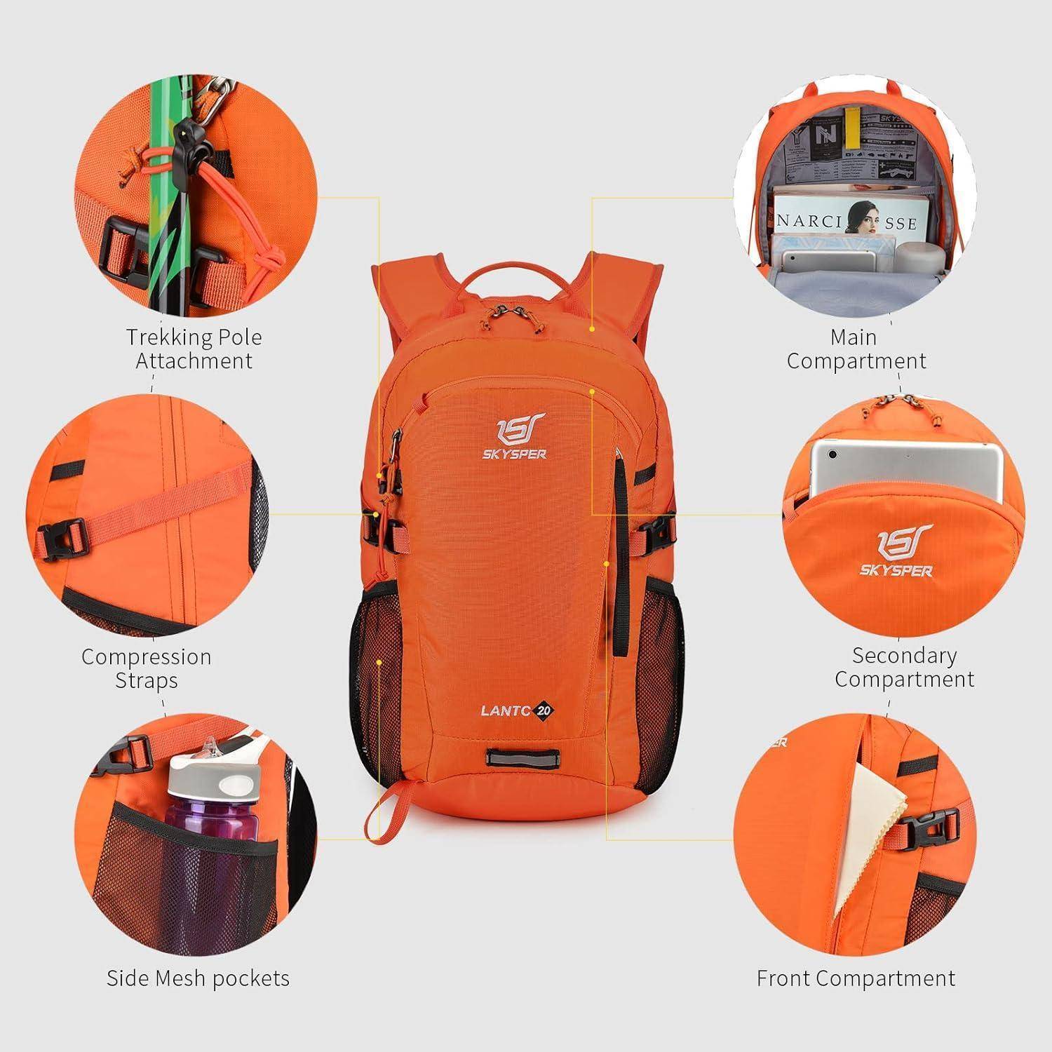 Oranger Rucksack mit Markenlogo verfügt über ein Hauptfach, ein Nebenfach, ein Vorderfach, Befestigungsmöglichkeiten für Wanderstöcke, Kompressionsriemen und seitliche Meshpockets.