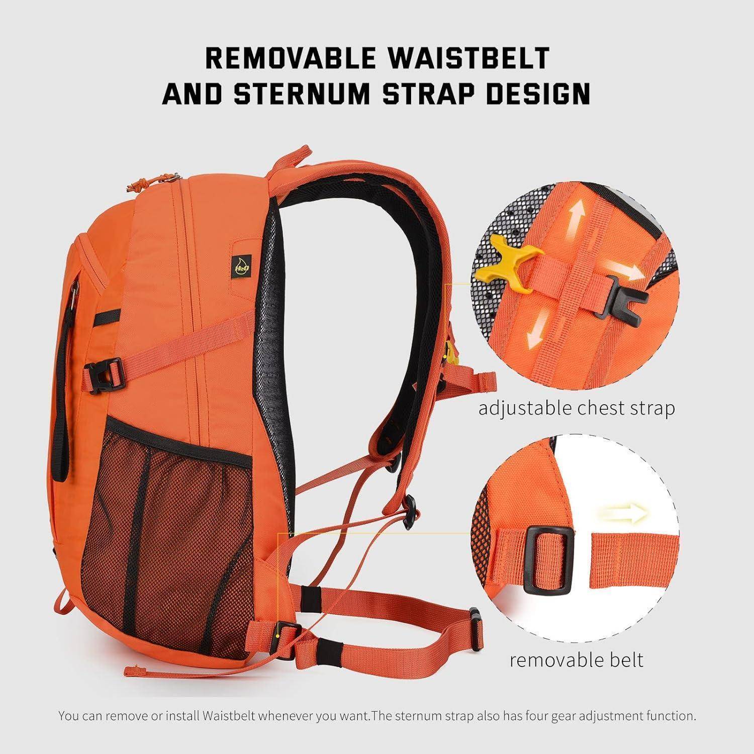 Oranger Rucksack mit abnehmbarem Hüftgurt und Brustgurtdesign. Zu den Merkmalen gehören verstellbarer Brustgurt und abnehmbarer Gürtel.