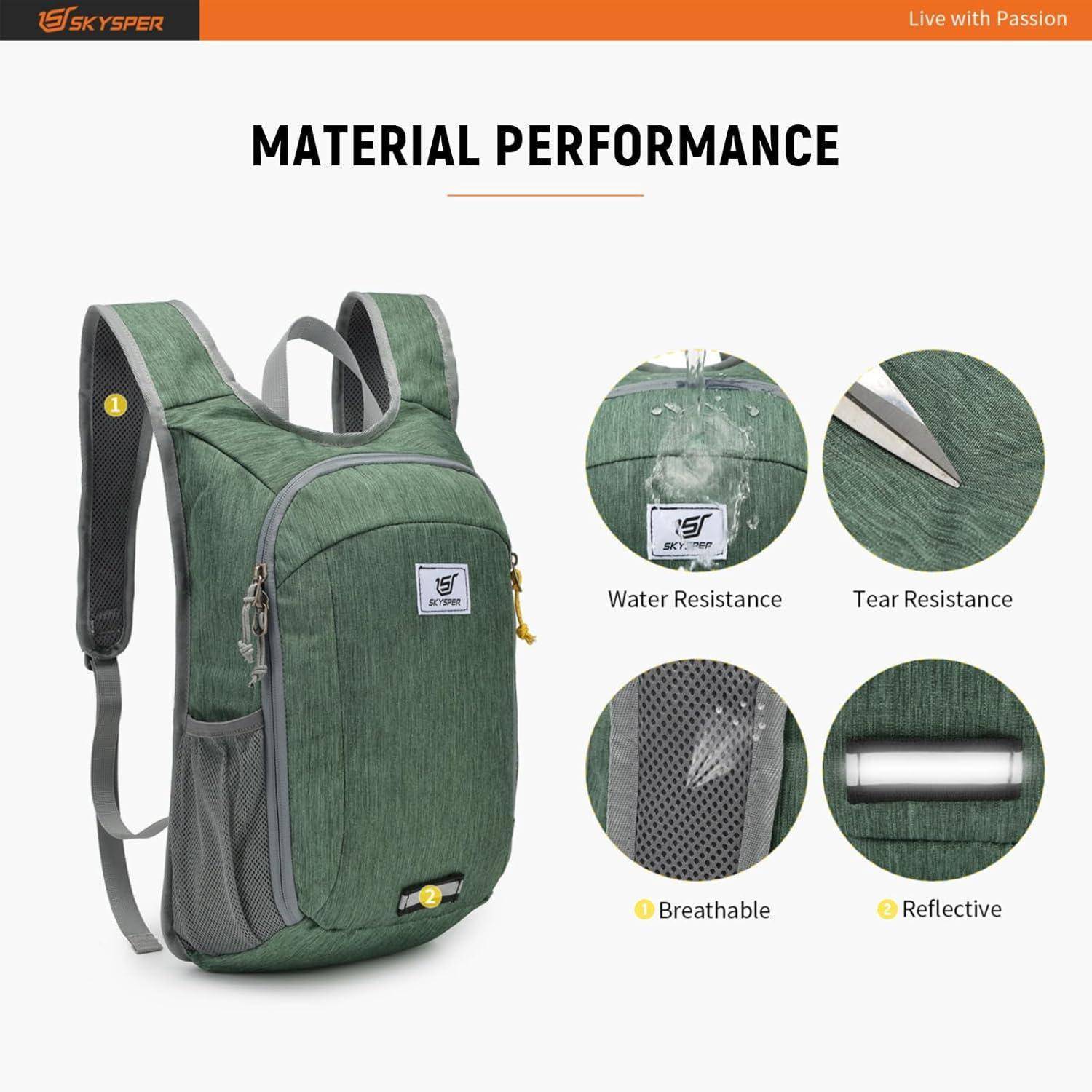 Grüner Rucksack mit Eigenschaften: wasserdicht, reißfest, atmungsaktiv, reflektierend. Text lautet 'Materialleistung'.