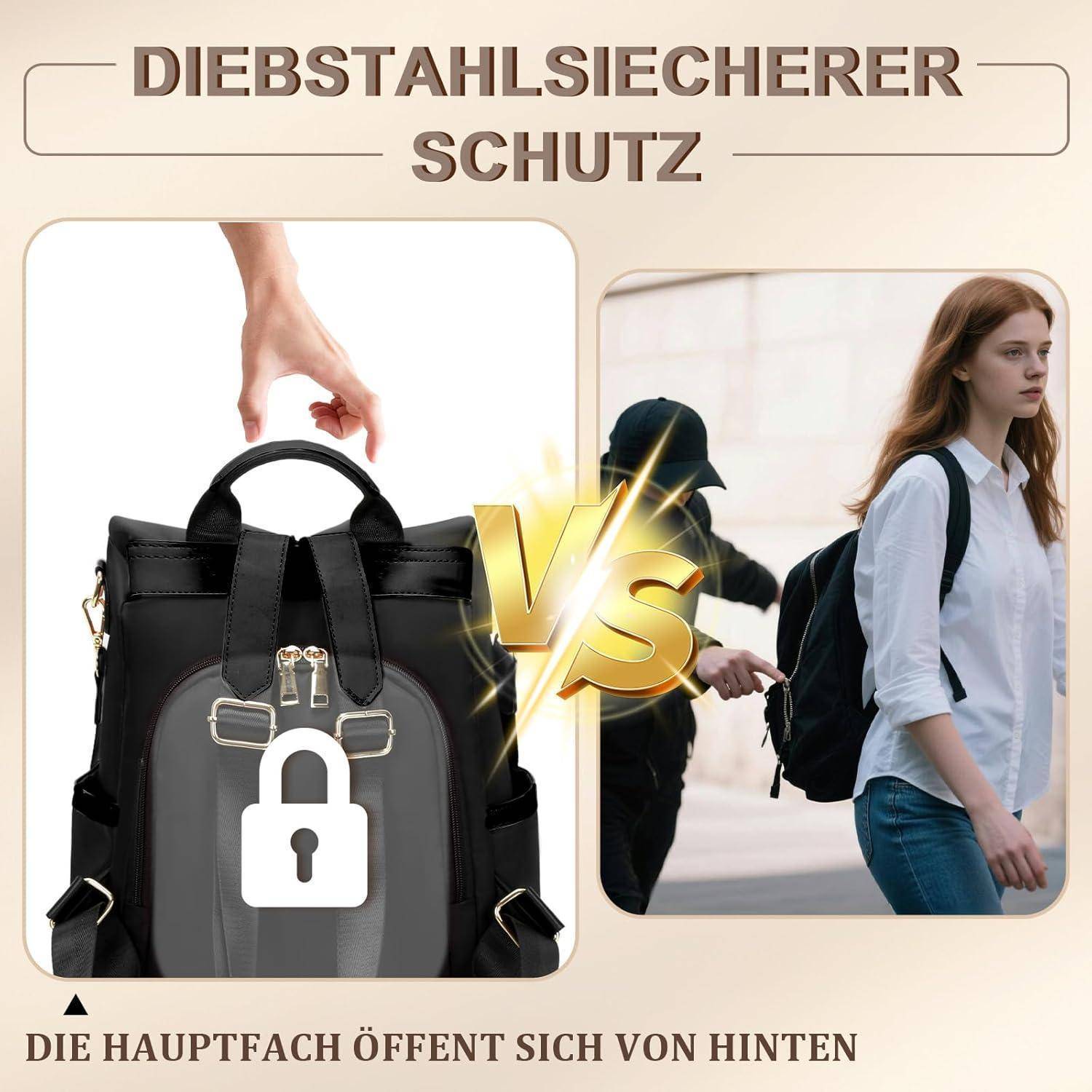 Ein Rucksack mit einem Schlosssymbol, das auf der linken Seite Diebstahlschutz anzeigt, im Kontrast zu einer Person, die hinter einer Frau mit einem offenen Rucksack läuft.