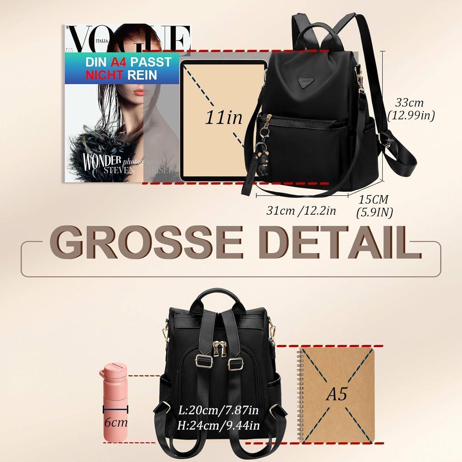 GROSSE DETAIL' Bild mit Abmessungen eines schwarzen Rucksacks: H:33cm, L:31cm, W:15cm. Ein DIN-A4-Blatt passt nicht hinein; dargestellt mit einem Magazin und einer Getränkedose als Größenvergleich.