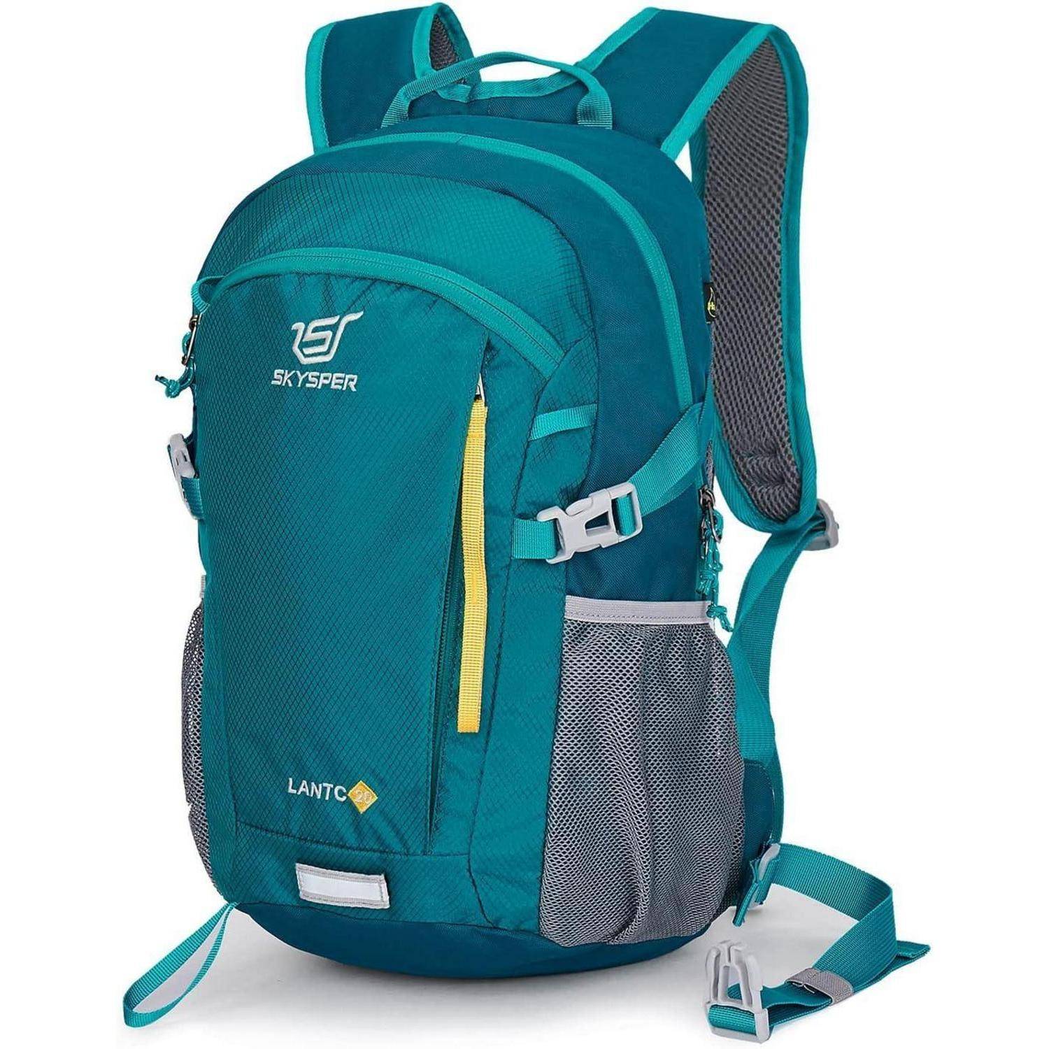 Ein türkisfarbener und grauer Wanderrucksack mit mehreren Fächern, seitlichen Netzpockets und verstellbaren Trägern.