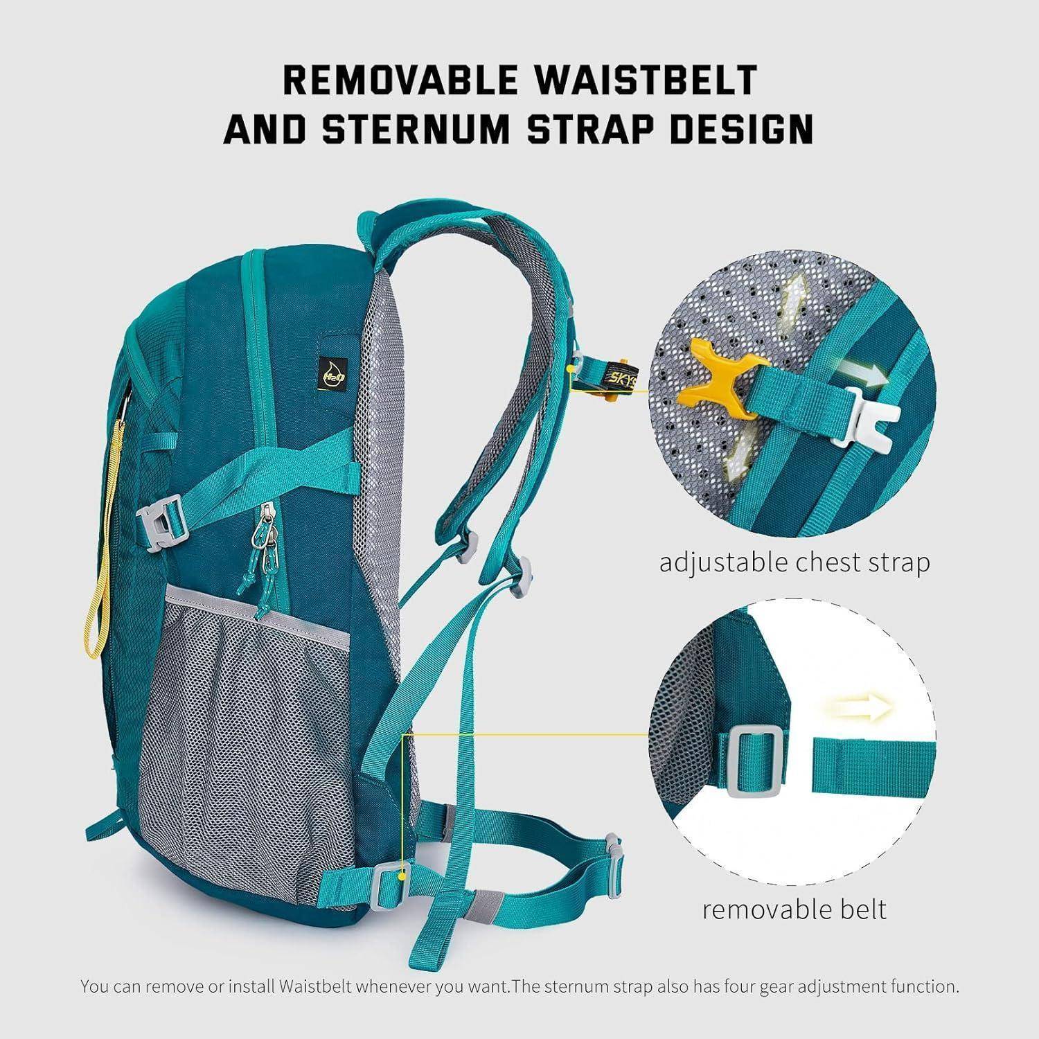 Blauer Rucksack mit abnehmbarem Hüftgurt und Brustgurtdesign. Highlights sind der verstellbare Brustgurt und der abnehmbare Gürtel.