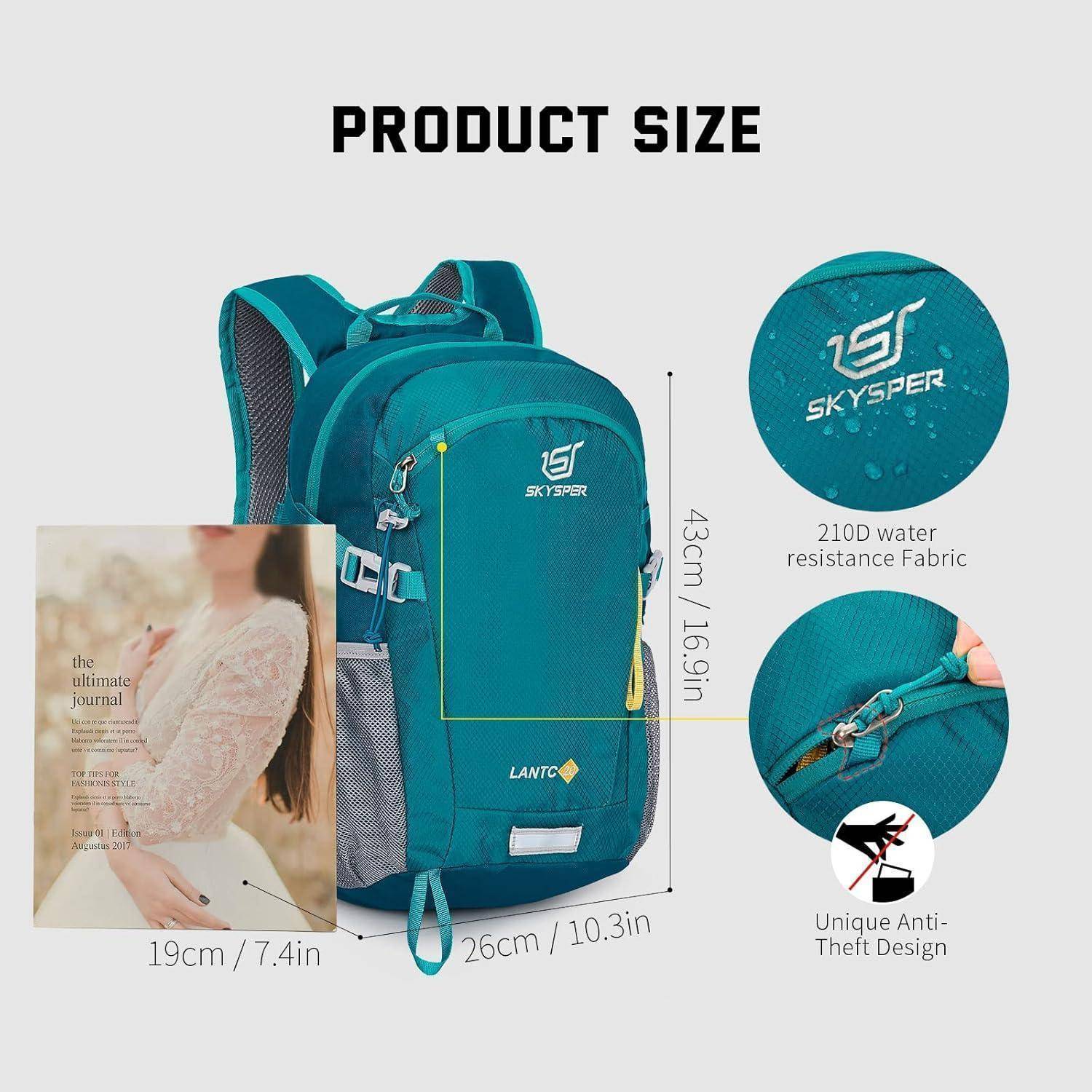 Türkisfarbener Rucksack-Display mit Text 'Produktgröße'. Abmessungen: 43 cm Höhe, 26 cm Breite. Merkmale umfassen wasserabweisenden Stoff und diebstahlsicheres Design.
