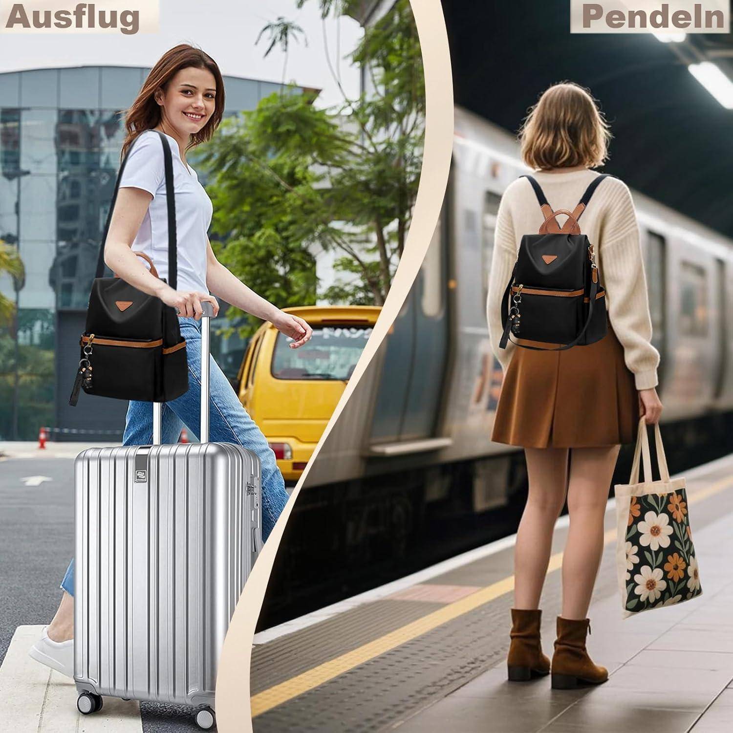 Rucksack Damen Cityrucksack Diebstahlsicher Schwarz mit Klassik Braun