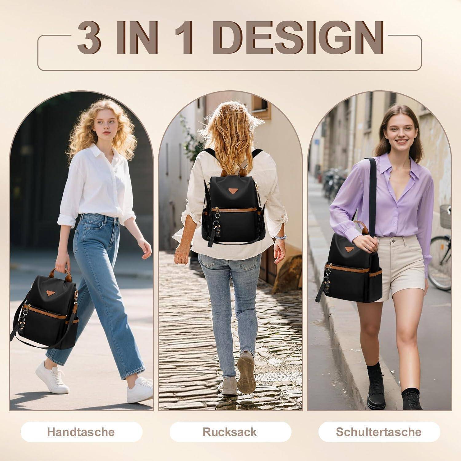 Rucksack Damen Cityrucksack Diebstahlsicher Schwarz mit Klassik Braun