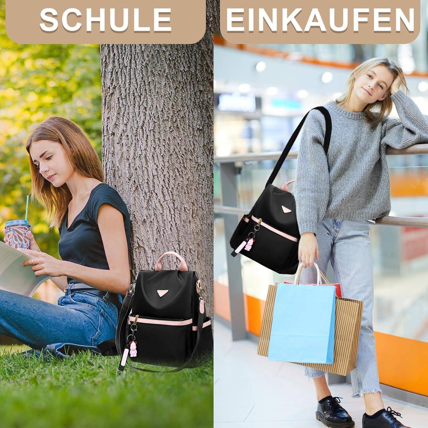 Rucksack Damen Cityrucksack Diebstahlsicher Schwarz mit Klassik Braun