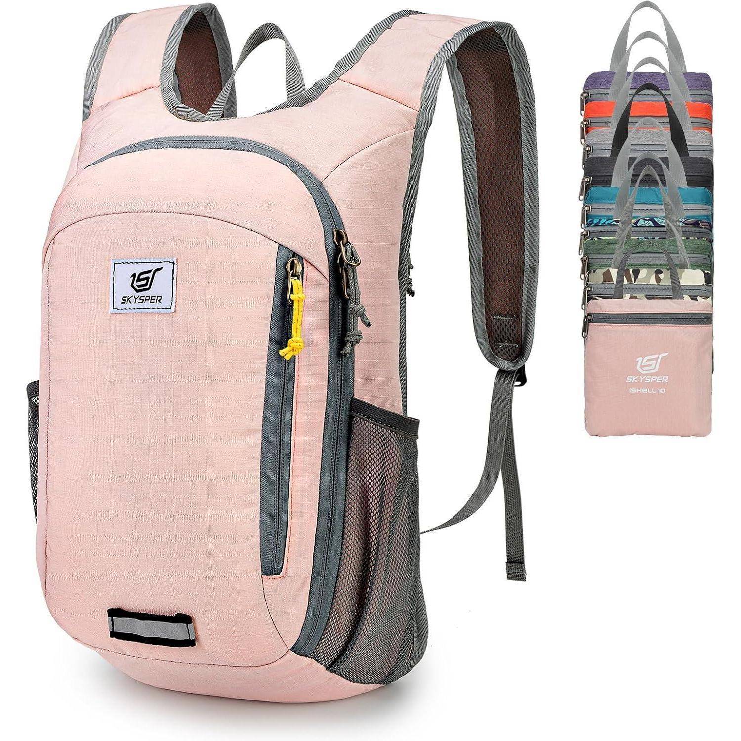 Pinker Rucksack mit schwarzen Reißverschlüssen und Netzseitentasche. Verfügt über Markenlogo. Neun gefaltete farbenfrohe Varianten werden seitlich gezeigt.