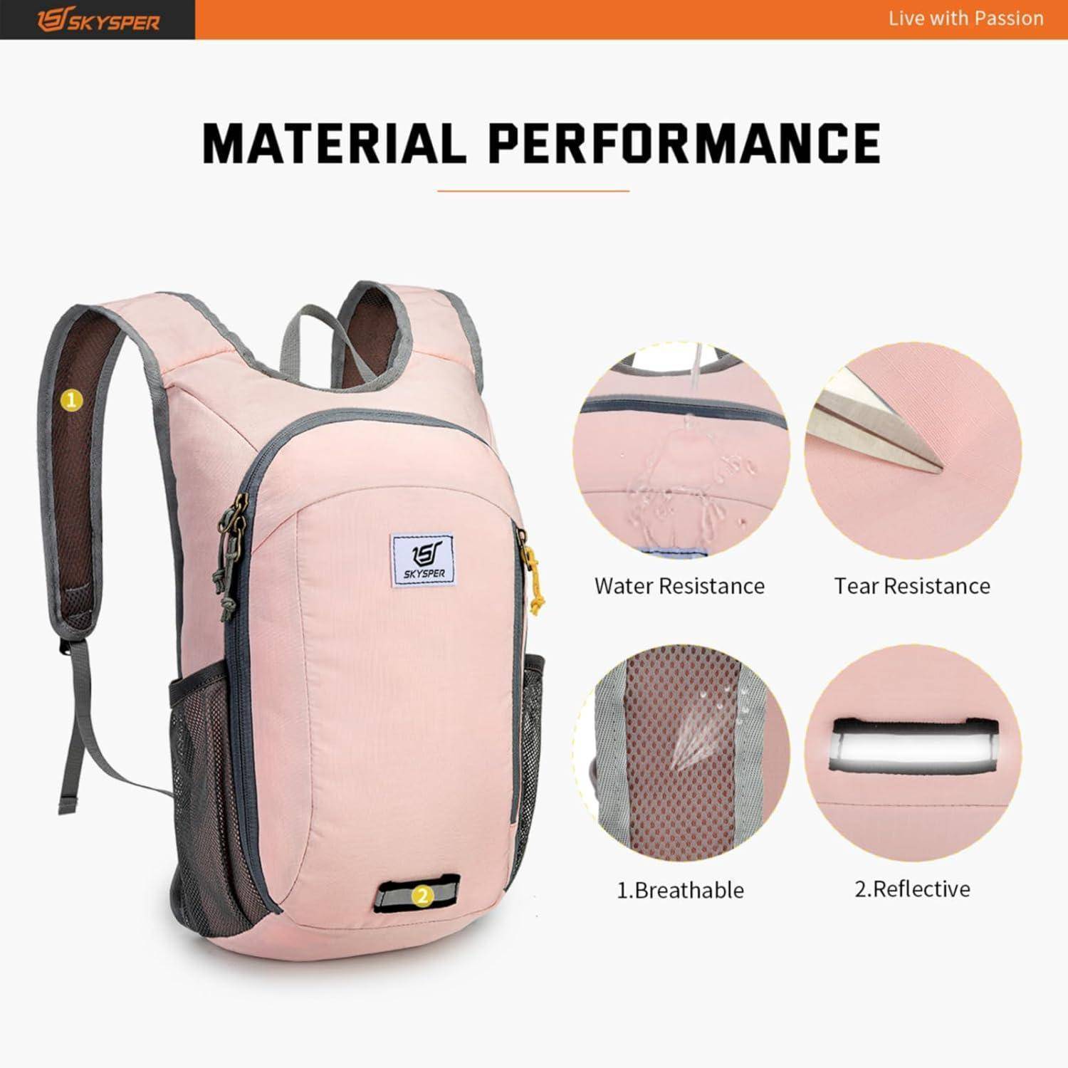 Rosa Rucksack mit 'SKYSPER' Logo. Eigenschaften: wasserabweisend, reißfest, atmungsaktiv und reflektierende Materialien. Lebe mit Leidenschaft.