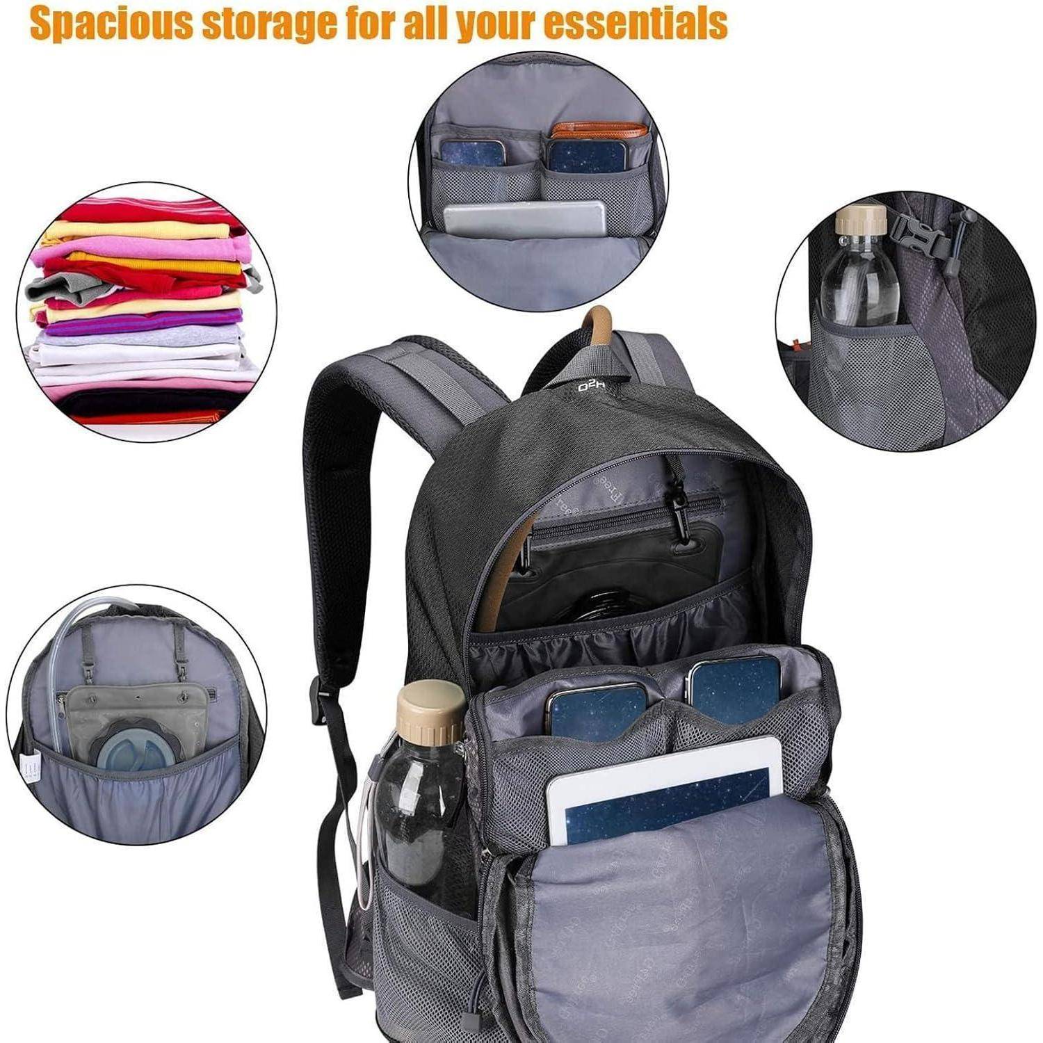 Rucksack mit geräumiger Aufbewahrung und Fächern für Tablet, Handy, Wasserflaschen und Kleidung. Text lautet: „Geräumige Aufbewahrung für all Ihre Essentials