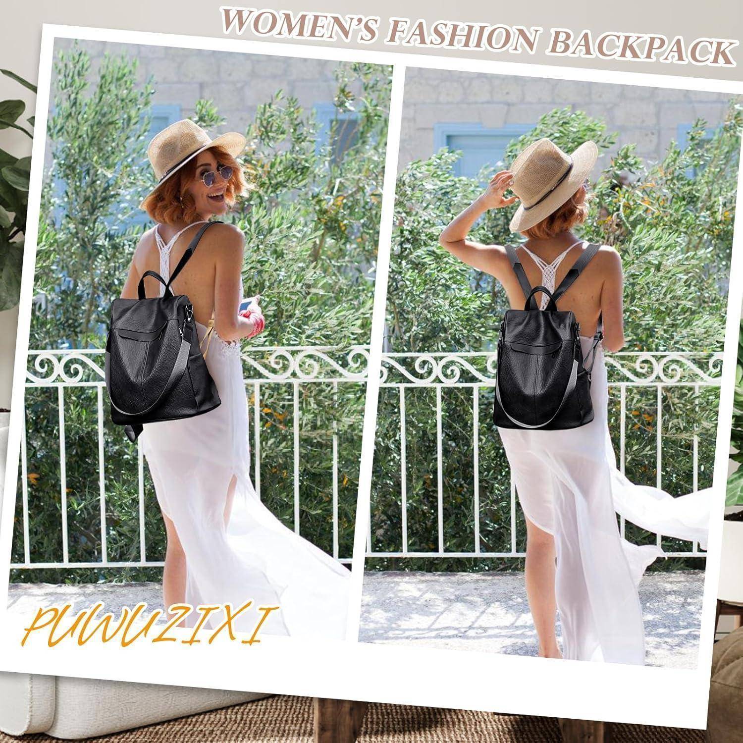 Eine Frau in einem weißen Kleid und Strohhut posiert mit einem schwarzen Rucksack auf einem Balkon mit Grünpflanzen im Hintergrund. Text lautet 'Damen Mode Rucksack'.