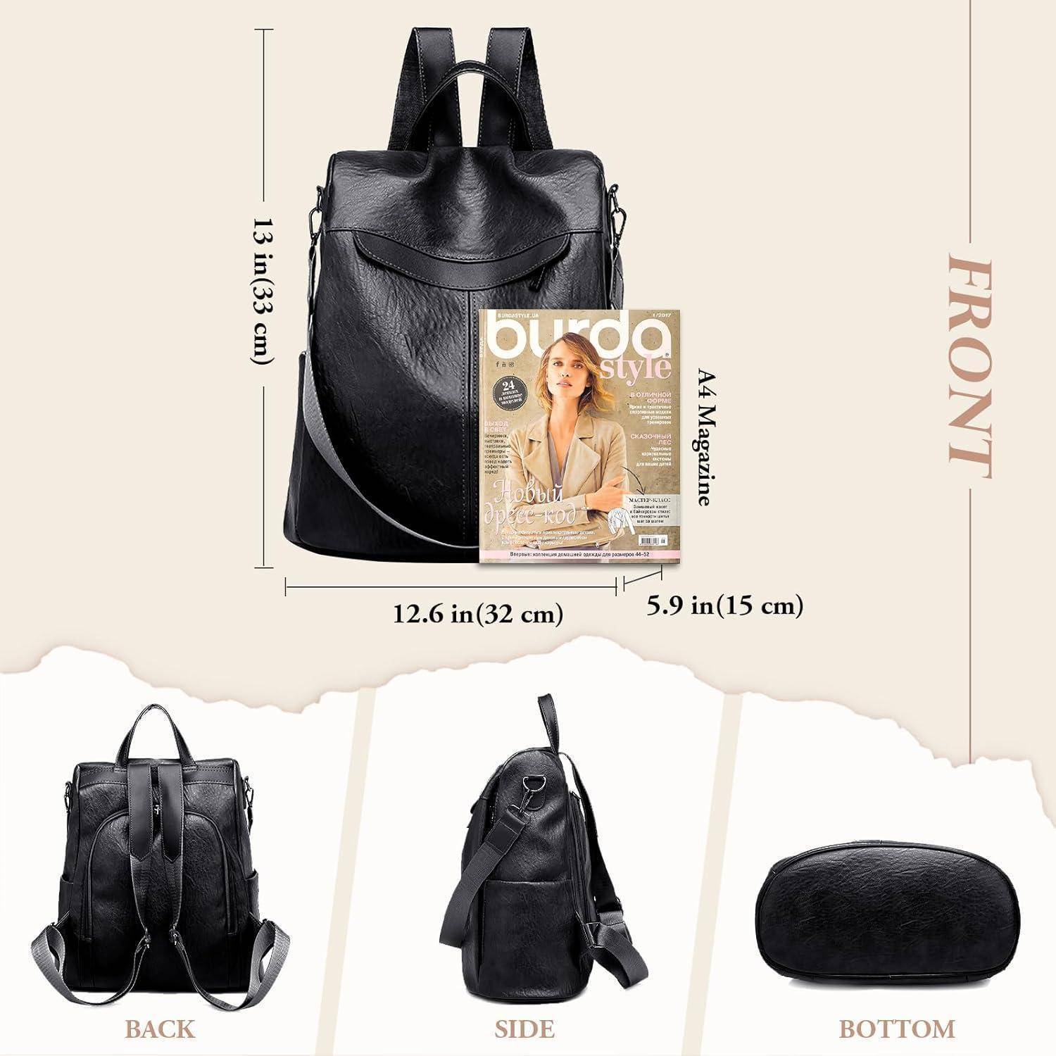 Schwarzer Lederrucksack, ausgestellt mit Maßangaben und einem A4-Magazin zur Größenvergleichung. Ansichten umfassen Vorderseite, Rückseite, Seite und Unterseite.