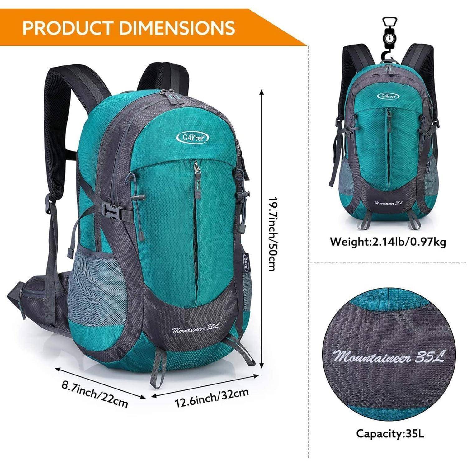 Produktabmessungen: Bild eines blau-grünen Rucksacks. Größe: 19,7 Zoll/50 cm Höhe, 12,6 Zoll/32 cm Breite, 8,7 Zoll/22 cm Tiefe. Gewicht: 2,14 Pfund/0,97 kg. Fassungsvermögen: 35 Liter.