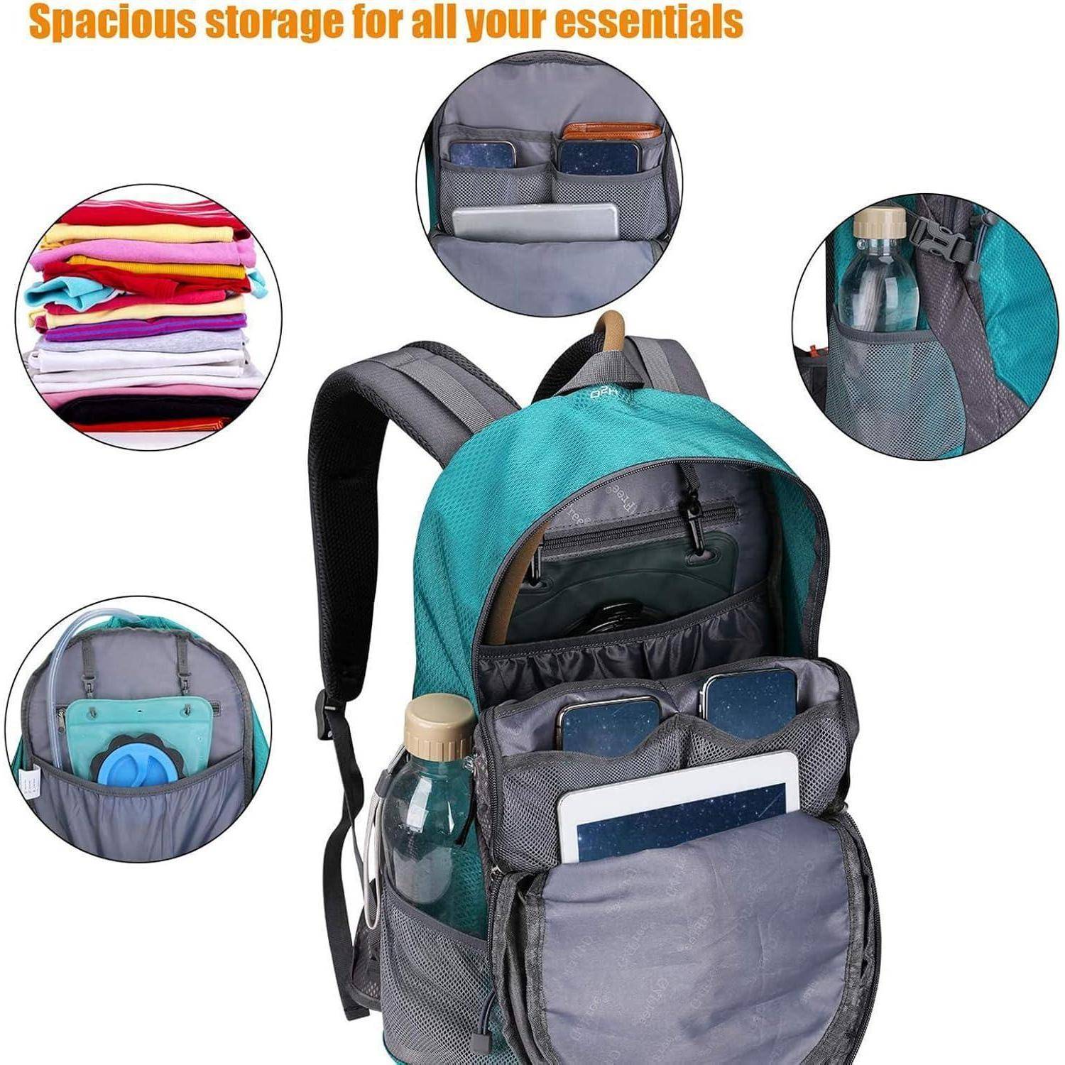 Das Bild zeigt einen geöffneten Rucksack mit organisierten Fächern, der eine Wasserflasche, Bücher und ein elektronisches Gerät enthält. Einschübe heben gefaltete Kleidungsstücke und zusätzlichen Stauraum hervor. Der Text lautet: 