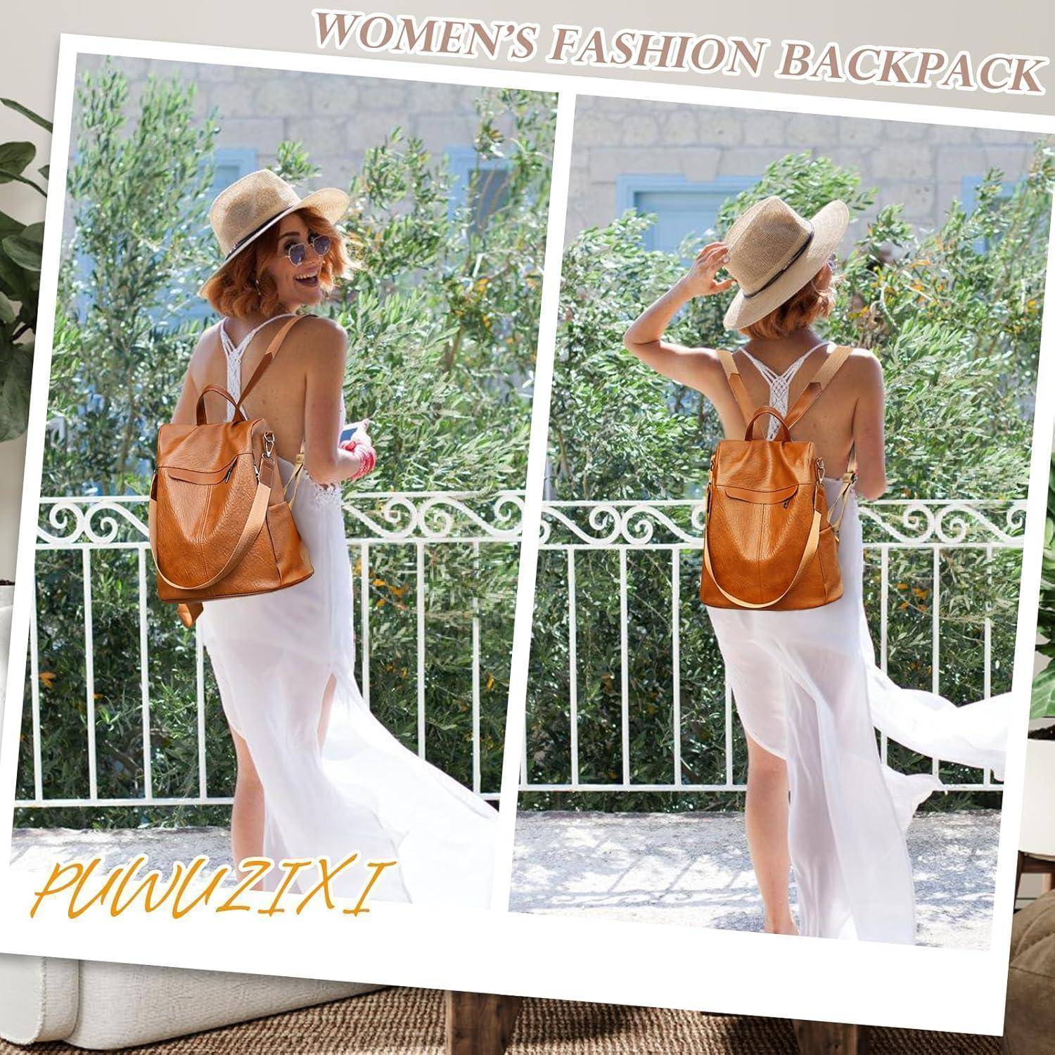 Frau in weißem Kleid und Hut, die sich nach hinten umschaut, während sie draußen mit braunem Rucksack steht.