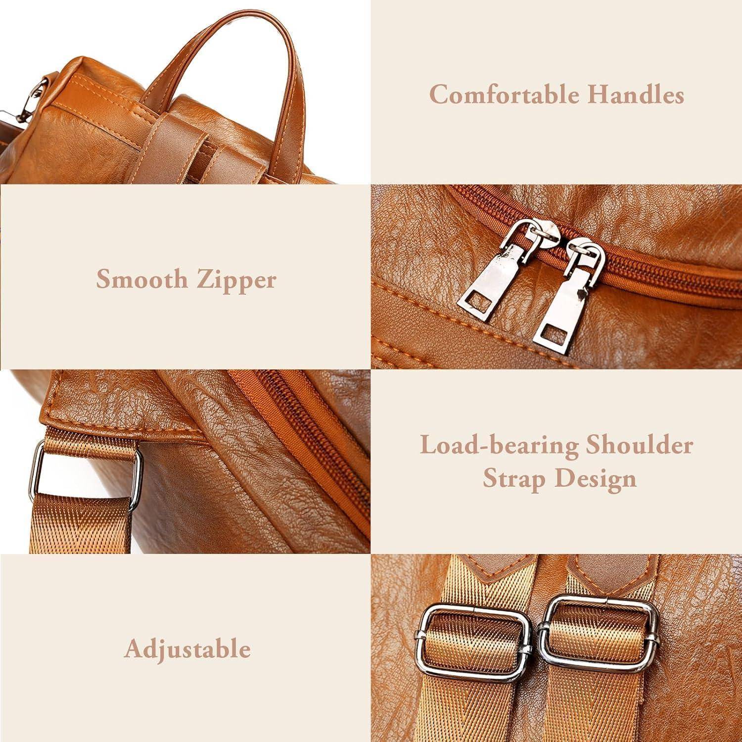 Braune Ledertasche mit 'Bequemen Griffen', 'Glattem Reißverschluss', 'Tragfähigem Schultergurtdesign' und 'Verstellbaren' Merkmalen hervorgehoben.