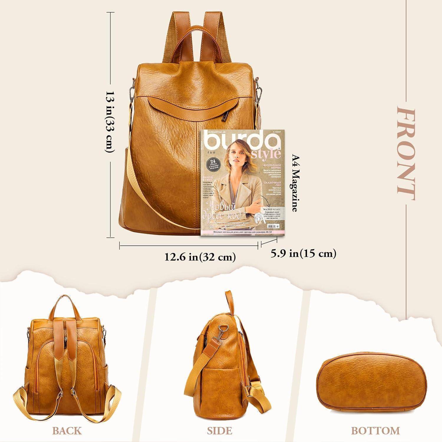 Ein brauner Lederrucksack mit Reißverschlusstasche vorne, von vorne, hinten, der Seite und von unten gezeigt. Abmessungen sind 13in x 12,6in x 5,9in. Geeignet für ein A4-Magazin.