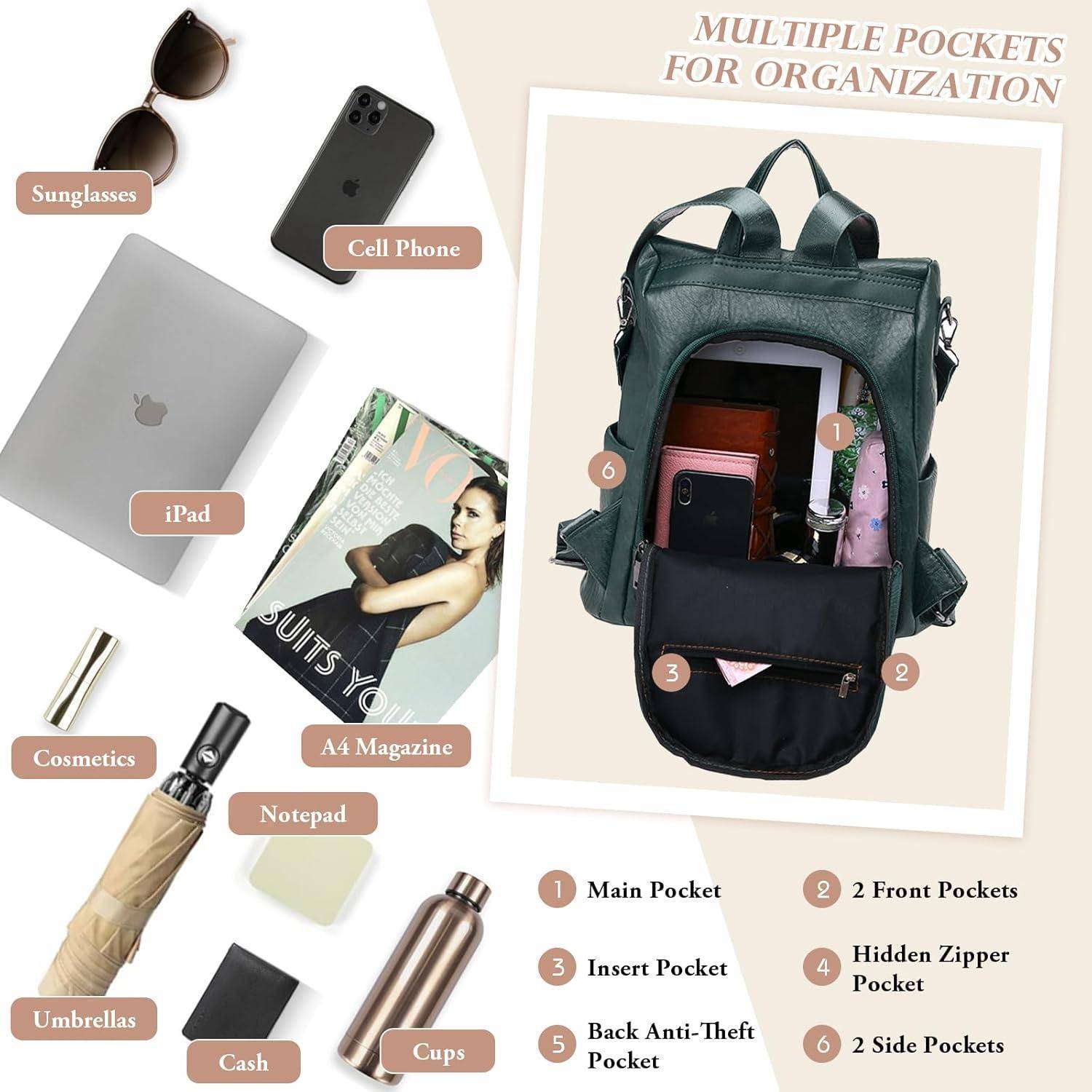 Rucksack Damen Wasserdicht Diebstahlsicher Mehrzweck PU Leder Grün