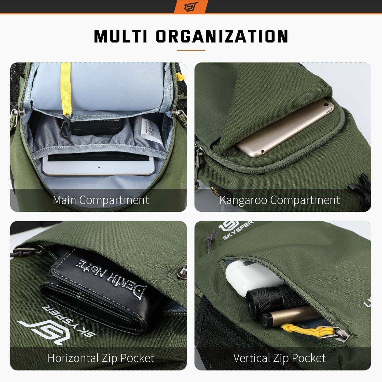 Rucksack mit verschiedenen Fächern: Hauptfach, Känguru-Fach, horizontaler Reißverschluss und vertikaler Reißverschluss, die jeweils unterschiedliche Gegenstände wie ein Tablet und ein Notizbuch enthalten.