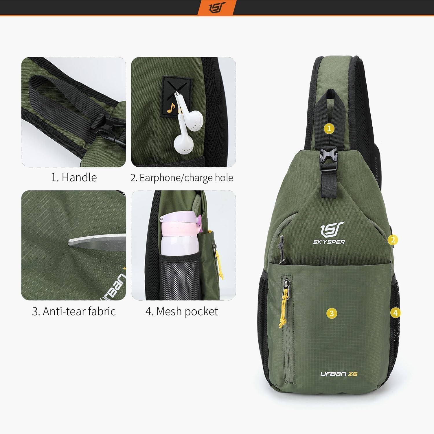 Grüner Sling-Rucksack mit 'SKYSPER' Logo. Highlights: Griff, Kopfhörerloch, reißfester Stoff, Netztasche. Stil: Urban XE.