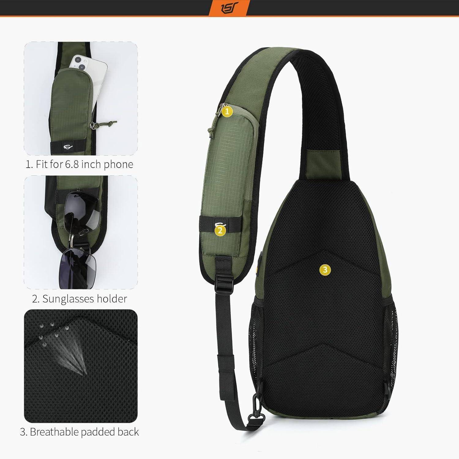 Grüne und schwarze Umhängetasche mit Handytasche, Sonnenbrillenfach und atmungsaktivem gepolstertem Rücken. Geeignet für Smartphones bis 6,8 Zoll.