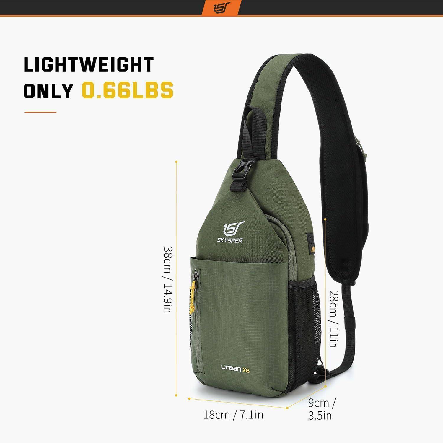 Eine grüne Umhängetasche mit den Maßen 38cm x 18cm x 9cm wird gezeigt. Der Text lautet „LEICHT NUR 0,66 PFUND