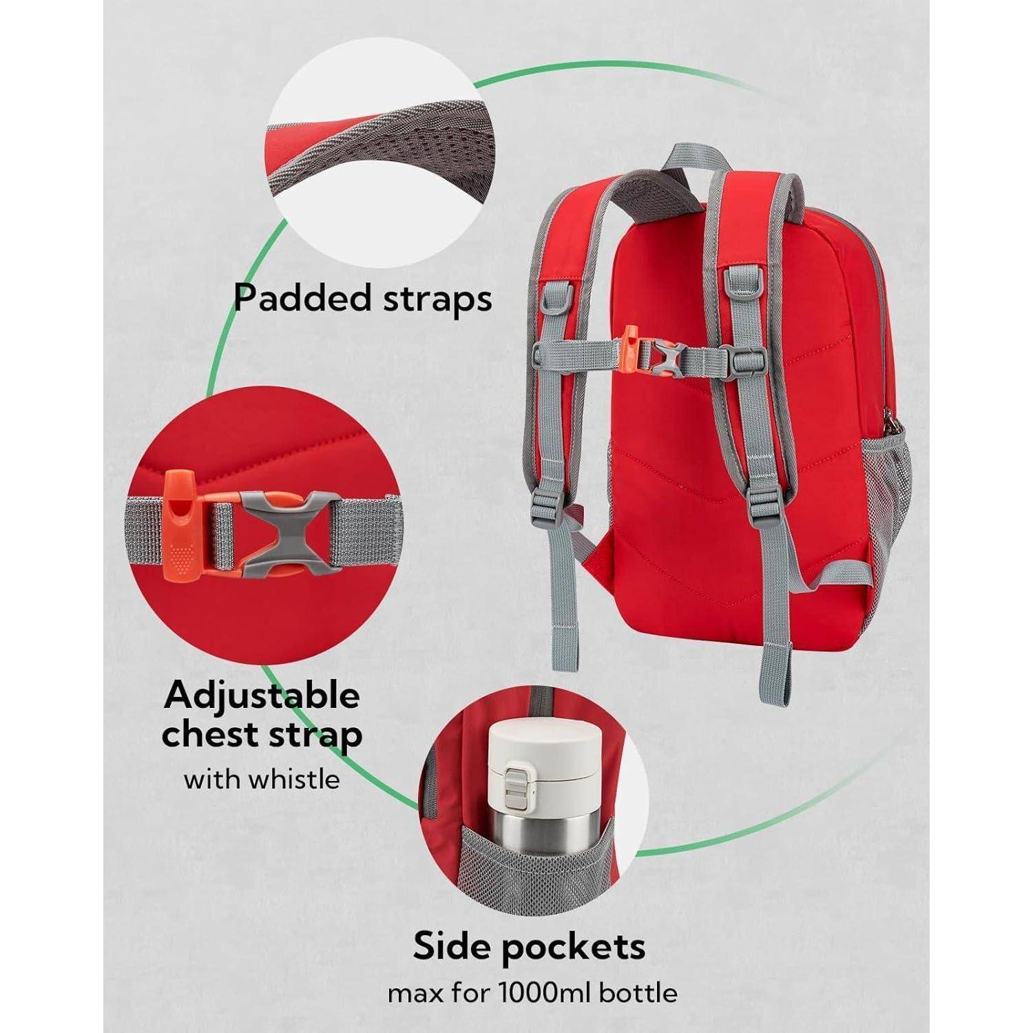 Roter Rucksack mit gepolsterten Trägern, verstellbarem Brustgurt mit Pfeife und seitlichen Taschen für eine 1000-ml-Flasche.