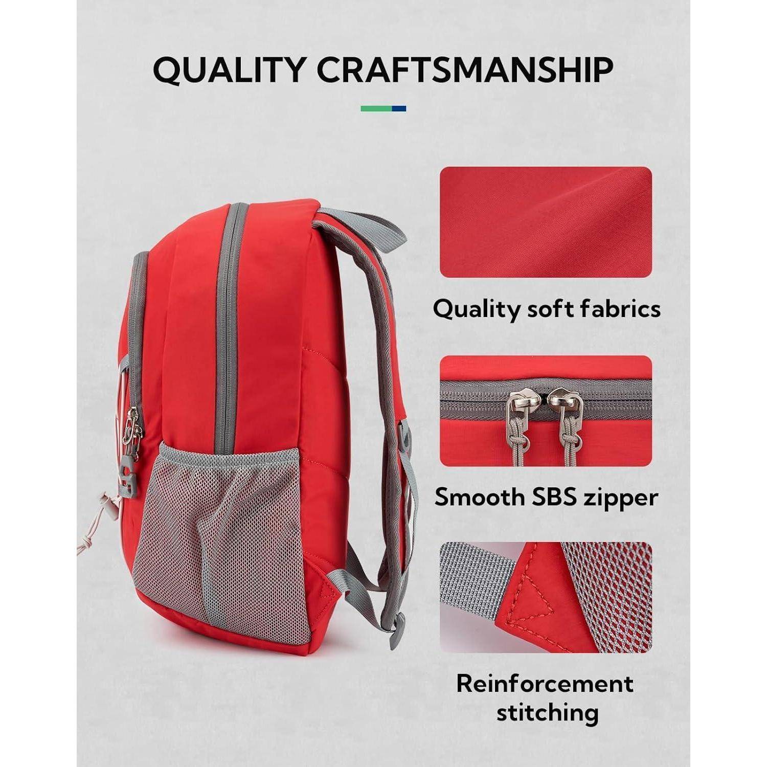Roter Rucksack mit Hervorhebung von 'Hochwertigen weichen Stoffen', 'Glattem SBS-Reißverschluss' und 'Verstärkter Nähten' vor einem hellen Hintergrund.