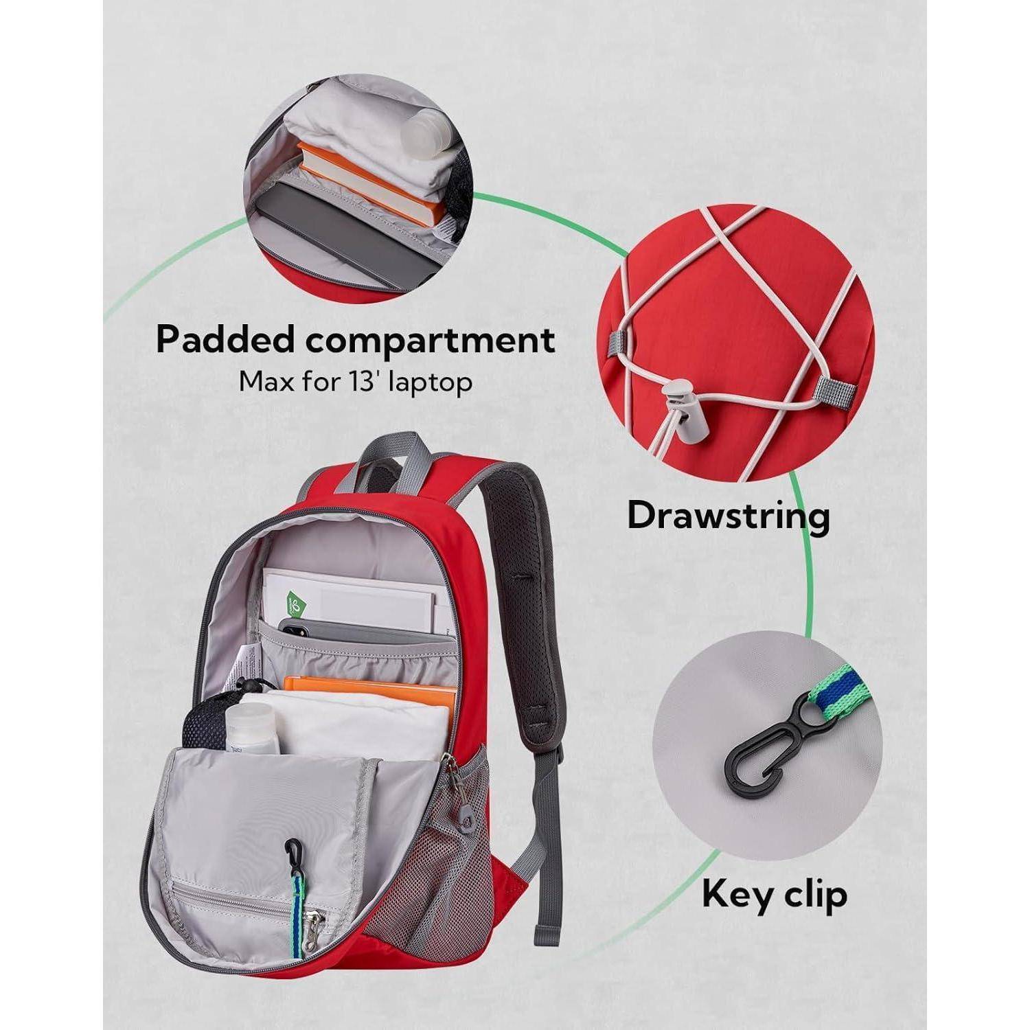 Roter Rucksack mit einem gepolsterten Fach für ein 13-Zoll-Laptop, einem Kordelzugverschluss und einem Schlüsselclip. Offene Ansicht zeigt übersichtliche Verstaumöglichkeiten.