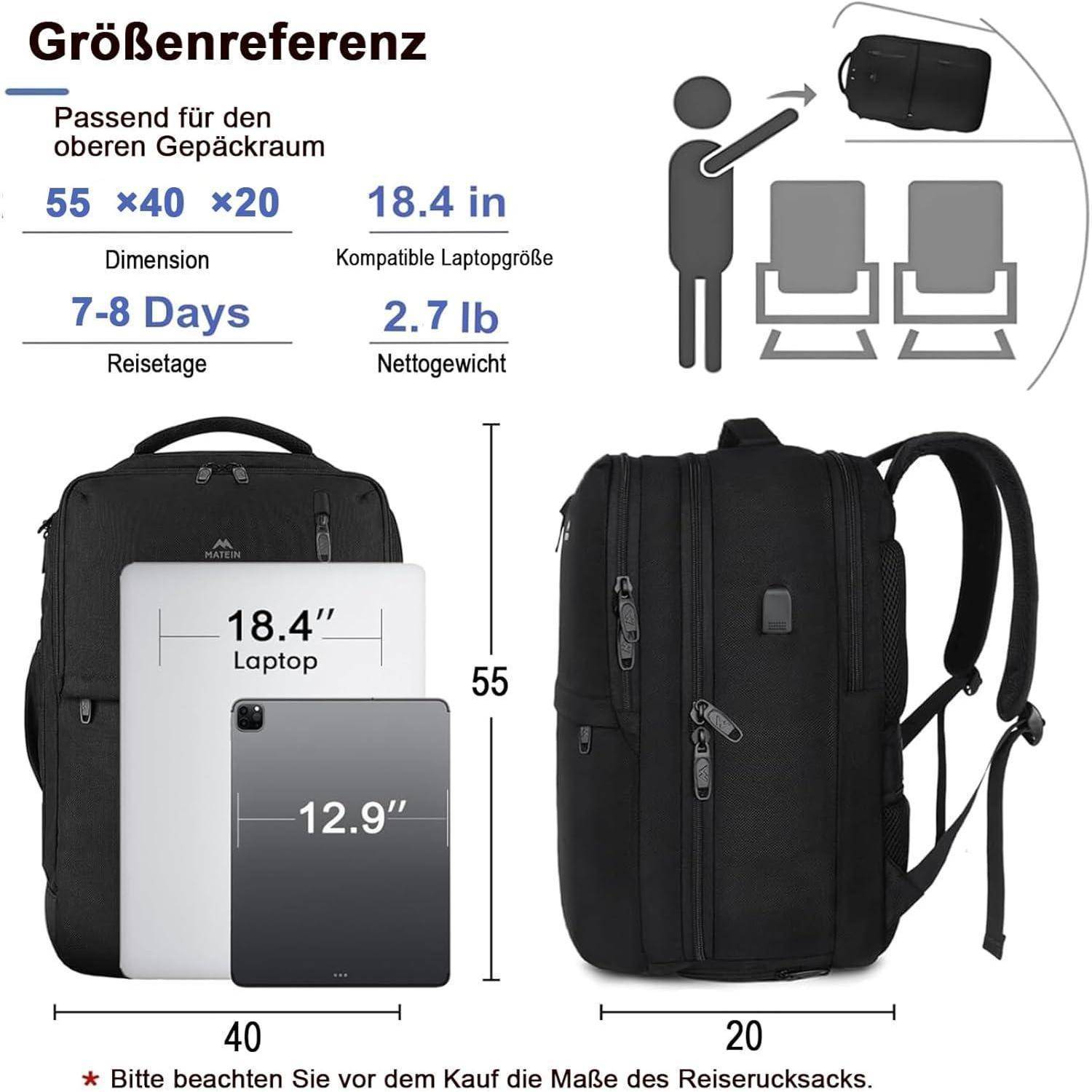 Handgepäck Rucksack 55x40x20 Laptop 18.4 Lufthansa-55x40x20cm Schwarz