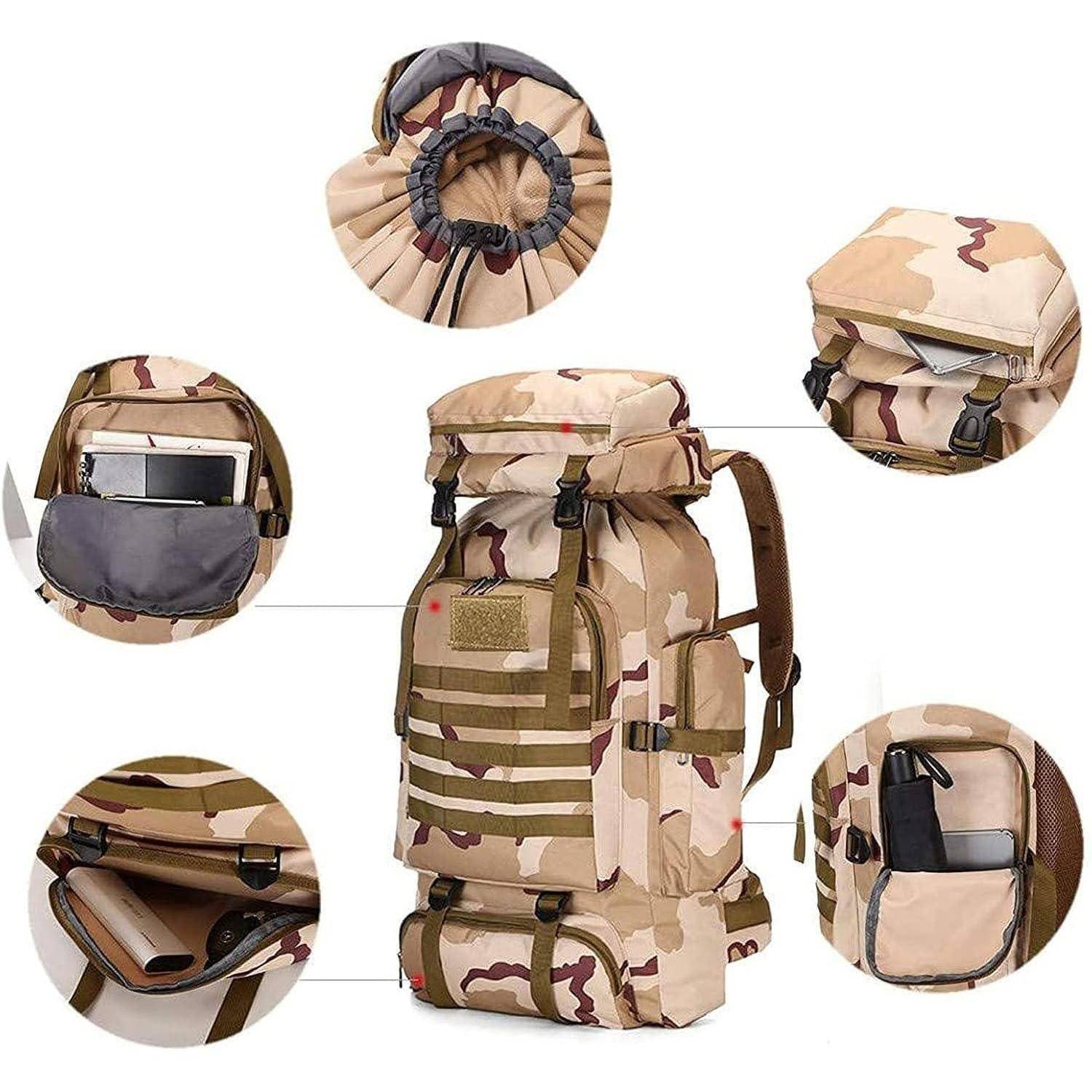 Ein großer Rucksack in Tarnfarben mit mehreren Fächern ist zu sehen, einschließlich gepolsterter Laptoptasche, einer Tasche im Deckel und Seitentaschen.