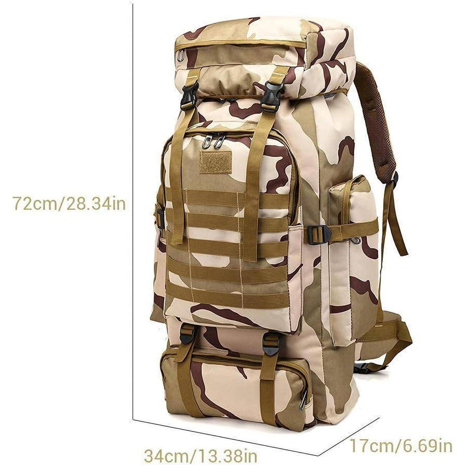 Tarnrucksack mit Maßen: Höhe 72 cm/28,34 Zoll, Breite 34 cm/13,38 Zoll, Tiefe 17 cm/6,69 Zoll. Verfügt über verstellbare Träger und mehrere Taschen.