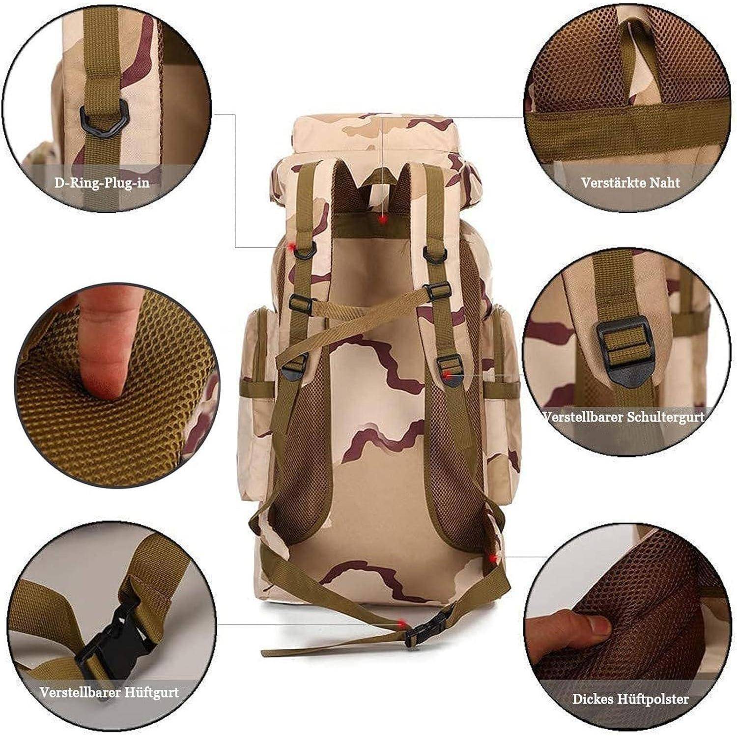 Ein Tarnrucksack mit verstellbaren Schultergurten und Hüftgurt, verstärkten Nähten, D-Ring, dicker Hüftpolsterung und Netzmaterial.