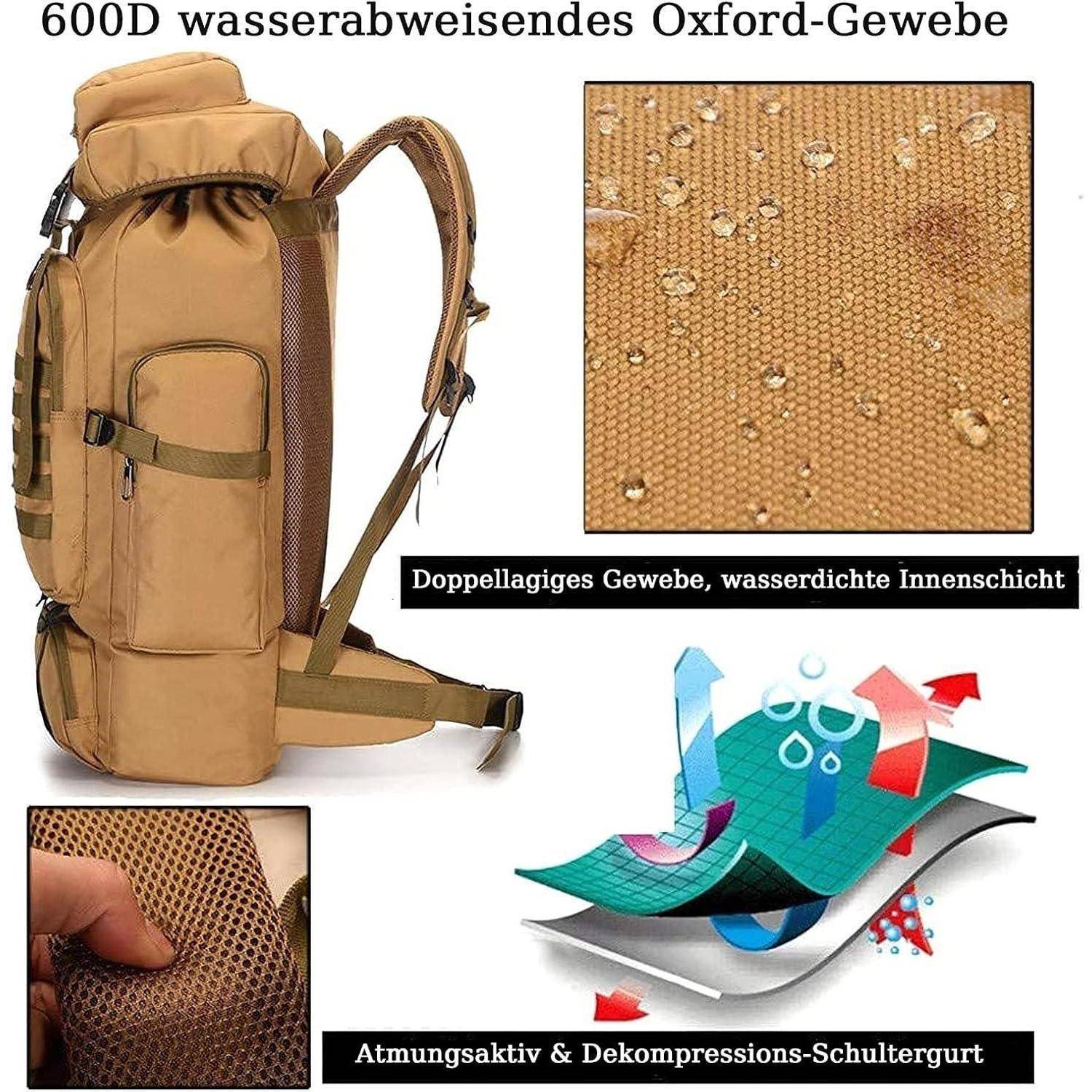 Ein brauner Rucksack mit Details, die den wasserabweisenden Oxford-Stoff zeigen, aus doppellagigem Material mit wasserdichtem Innenleben und Luftzirkulationsdesign.