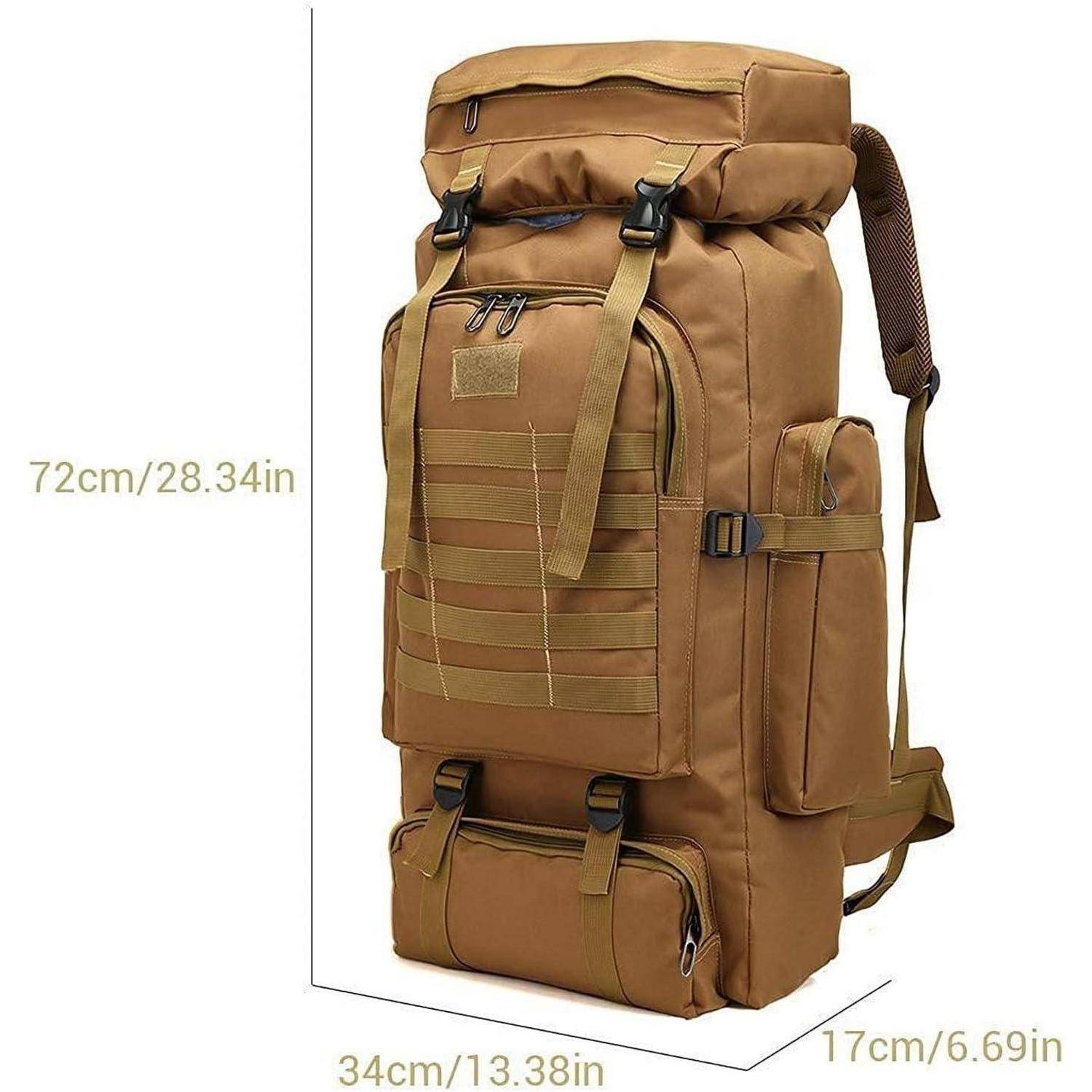 Ein großer brauner Wanderrucksack mit Abmessungen von 72 cm x 34 cm x 17 cm, ausgestattet mit mehreren Taschen und verstellbaren Trägern.