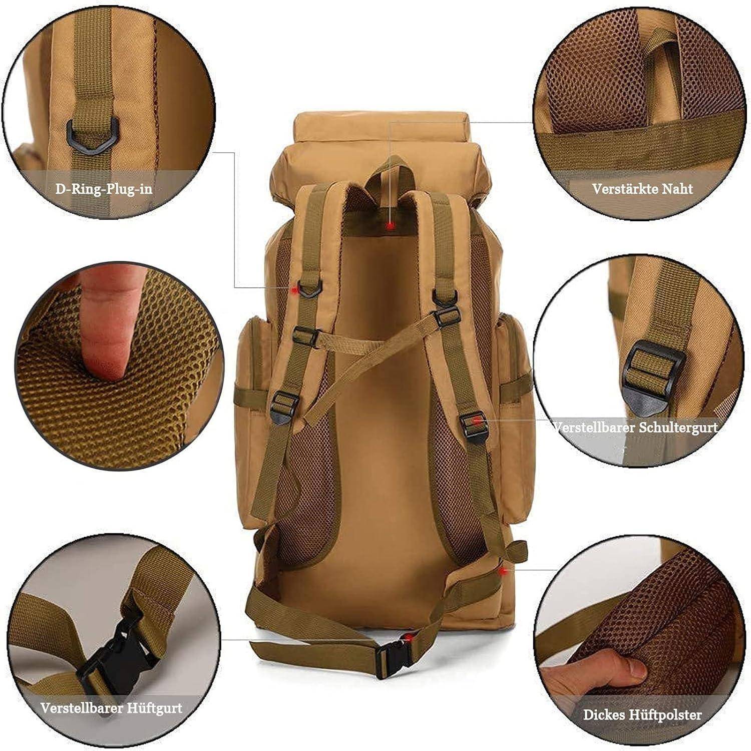 Brauner Rucksack mit detaillierten Einblicken, die Merkmale zeigen: 'D-Ring-Einsteckmechanismus', 'Verstärkte Naht', 'Verstellbarer Schultergurt', 'Verstellbarer Hüftgurt', 'Dicker gepolsterter Gurt'.