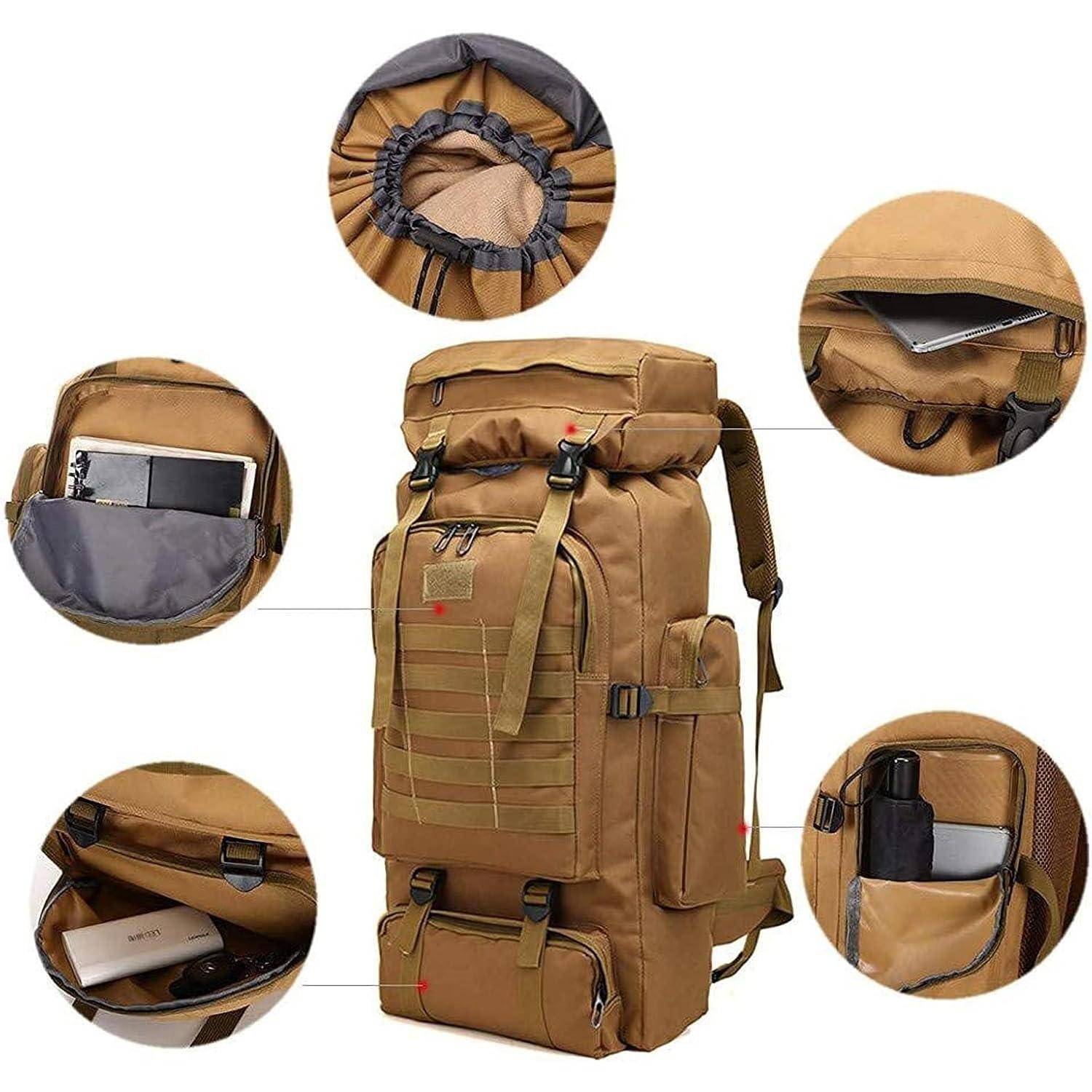 Ein beige-brauner Wanderrucksack mit mehreren Fächern, Reißverschlüssen und Taschen. Eingesetzte Detailansichten zeigen Bereiche für einen Laptop, eine Wasserflasche und andere Utensilien.
