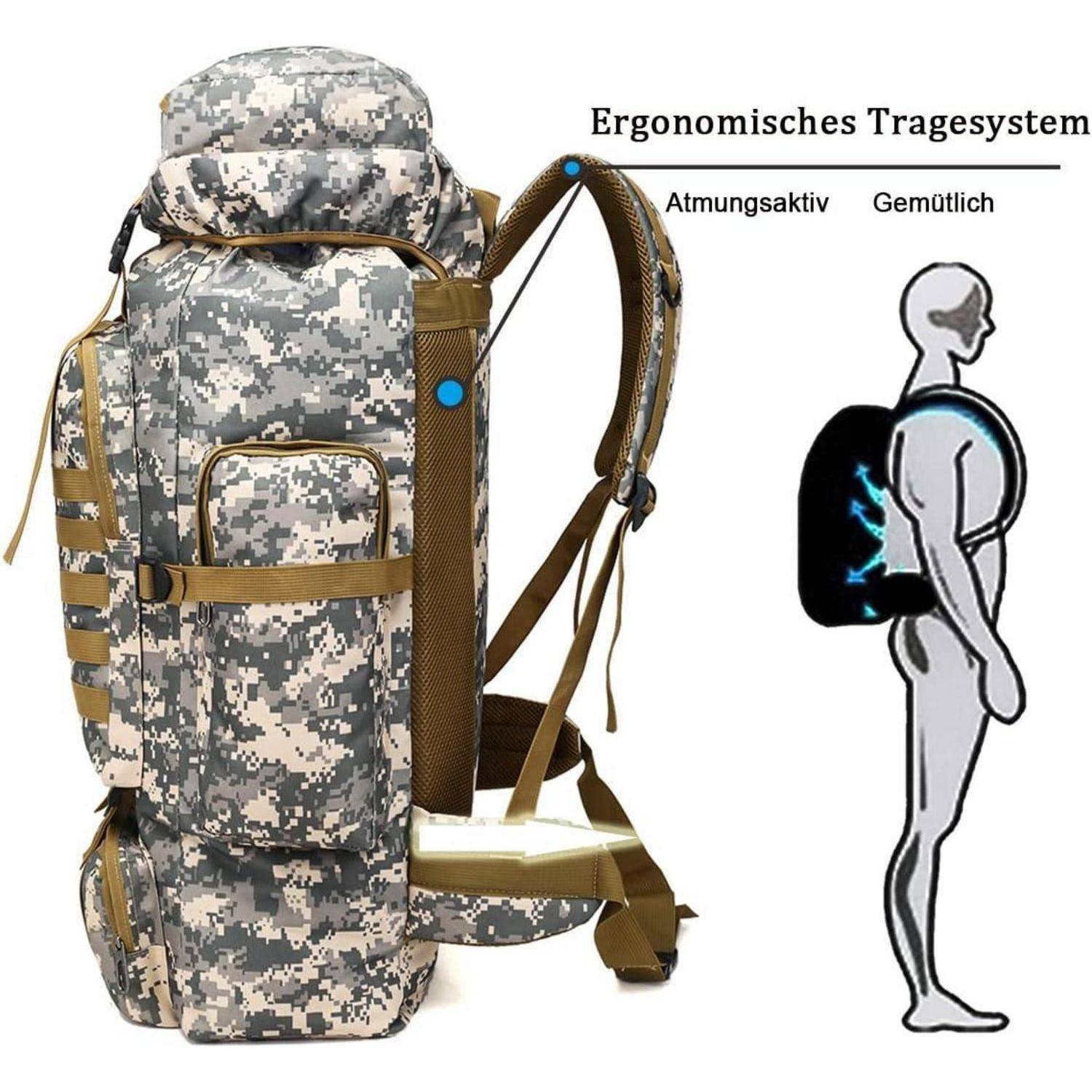 Ein Tarnrucksack mit verstellbaren Trägern ist neben einer Grafik zu sehen, die ergonomische Merkmale hervorhebt. Der Text auf Deutsch lautet „Ergonomisches Tragesystem