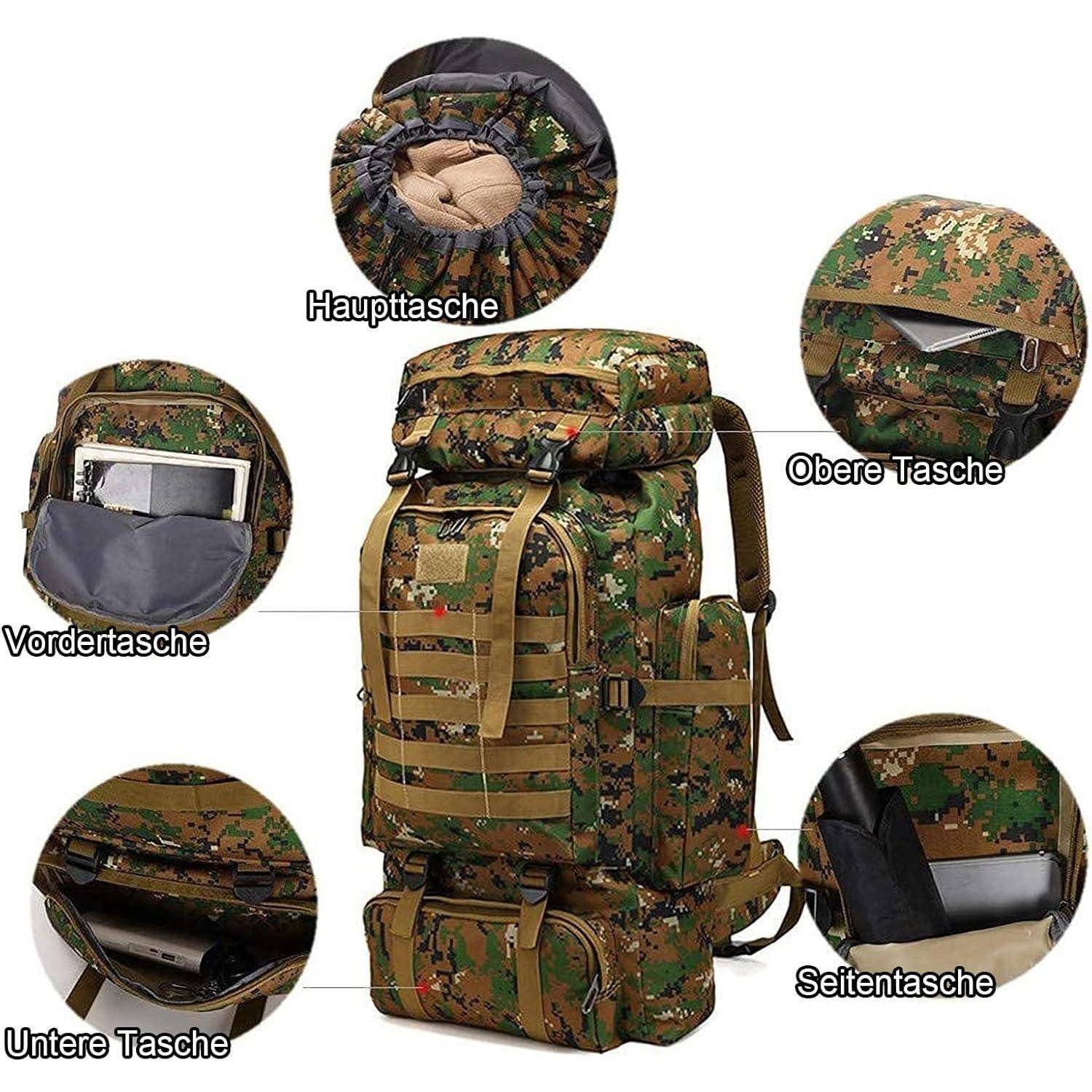 Camouflage-Taktischer Rucksack mit mehreren Fächern und Taschen, beschriftet: 'Haupttasche', 'Obere Tasche', 'Vordertasche', 'Seitentasche', 'Untere Tasche'.