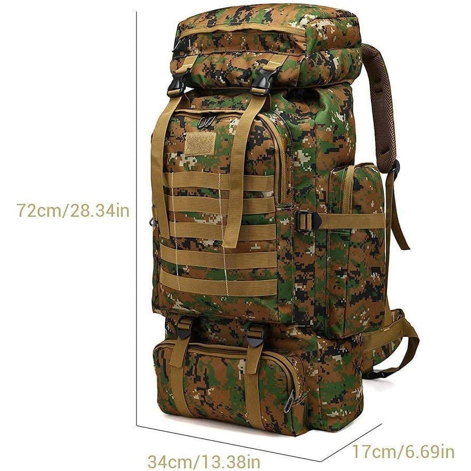 Ein getarnter taktischer Rucksack mit Fächern und Riemen ist abgebildet mit den Abmessungen: 72 cm hoch, 34 cm breit und 17 cm tief.