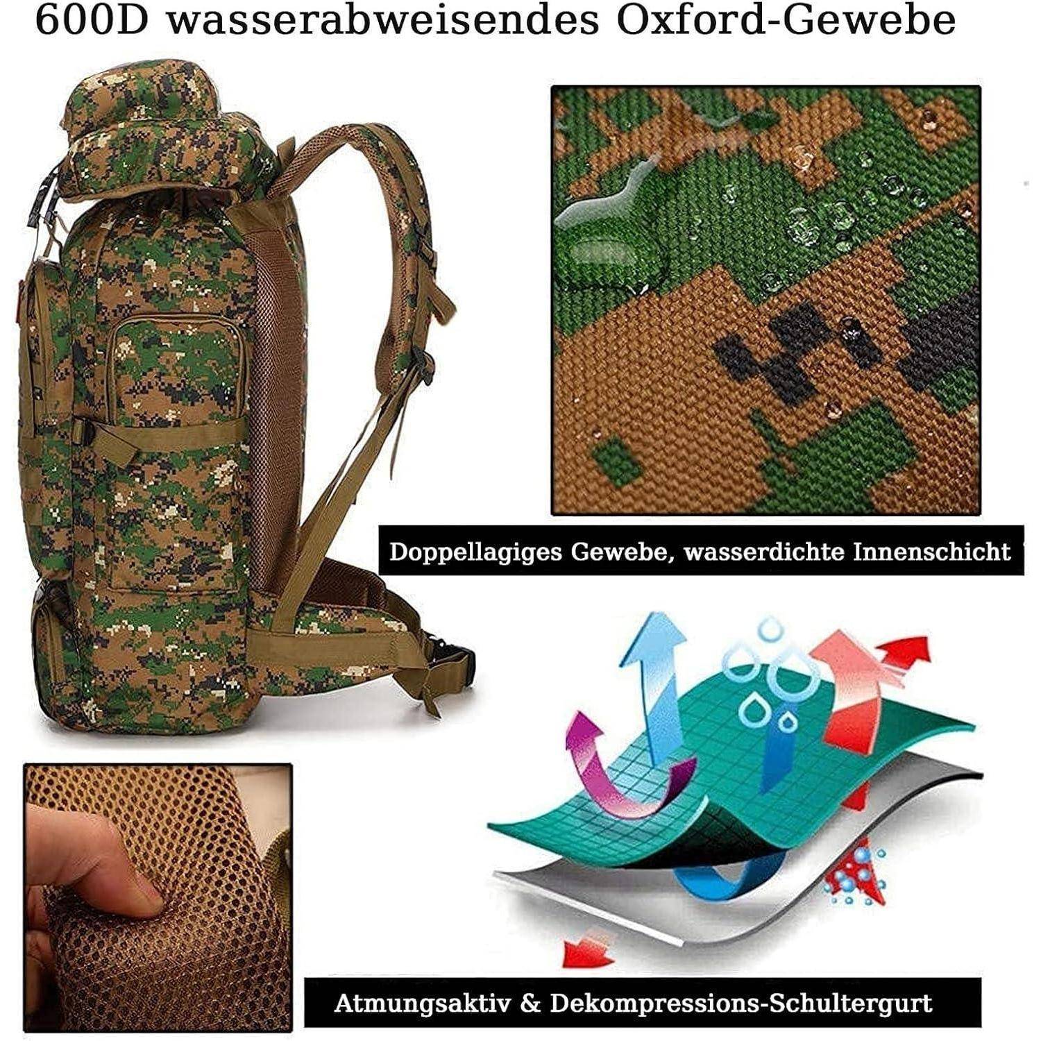Rucksack mit Tarnmuster aus 600D wasserabweisendem Oxford-Gewebe, ausgestattet mit zweischichtigem Material, atmungsaktivem und druckentlastendem Schultergurt.