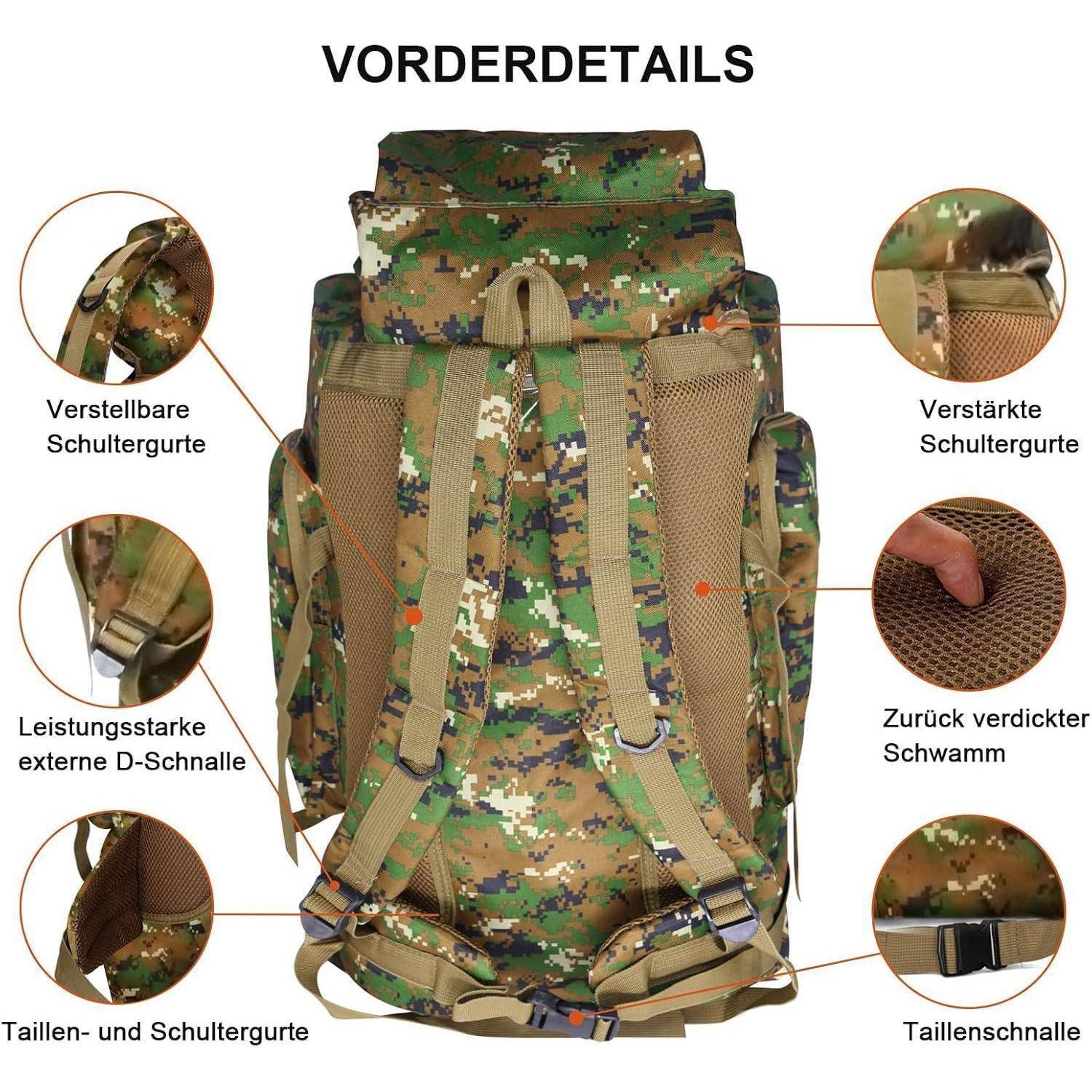 Ein Tarnrucksack mit verstellbaren Schultergurten, verstärkten Bereichen, externen D-Ringen, verstärkter Rückenpolsterung und Taillenschnallen.